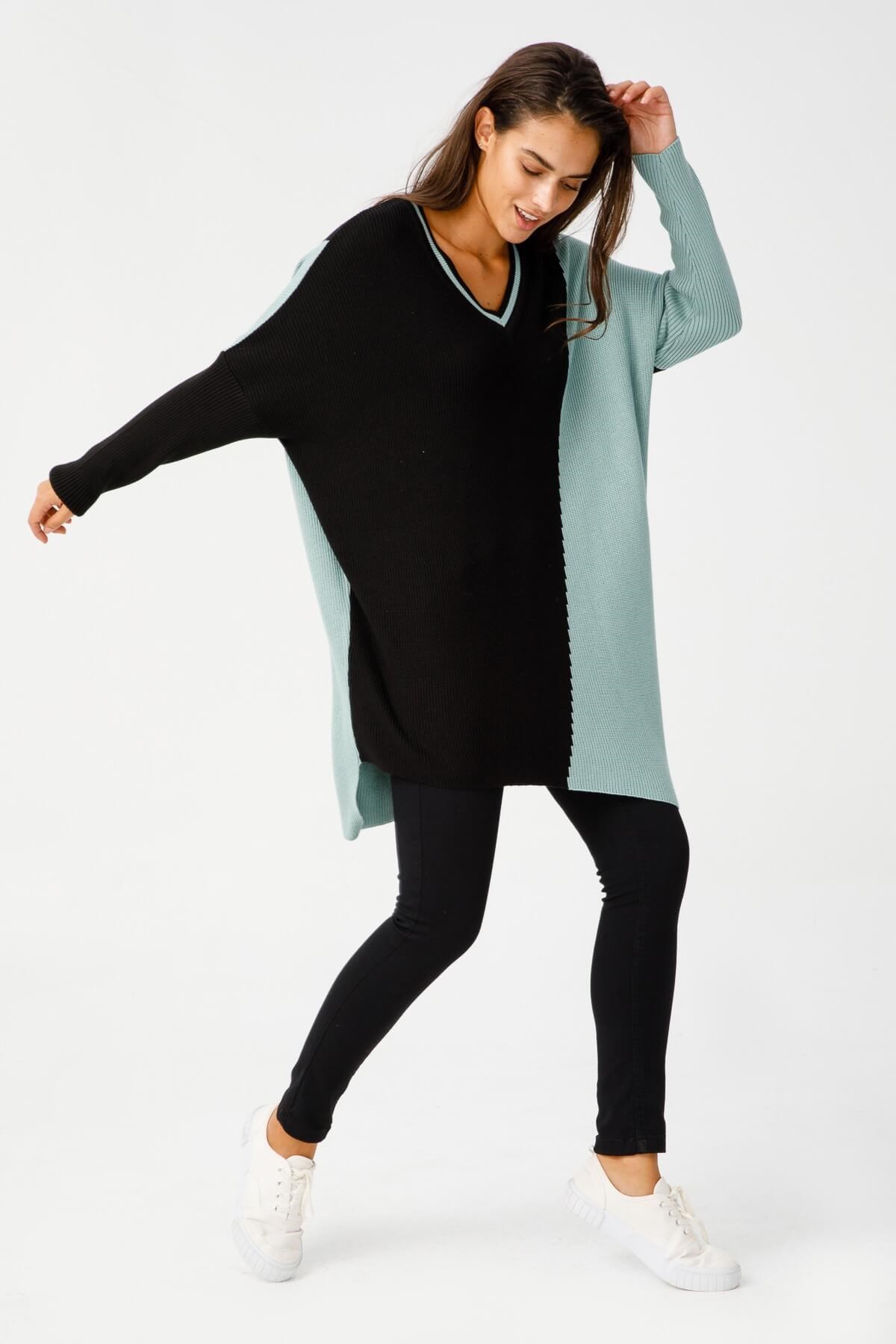 ON TRİKO Tunic Tunik İki Renkli V Yaka T Kol Triko  Mint