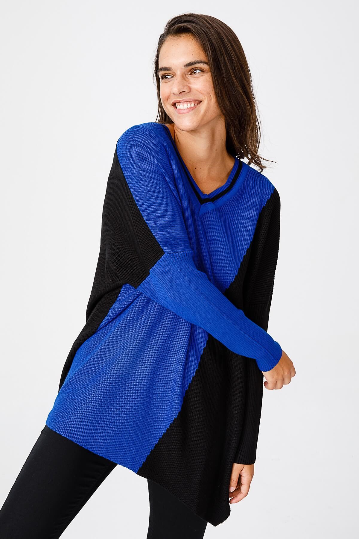 ON TRİKO Tunic Tunik İki Renkli V Yaka T Kol Triko  Saks