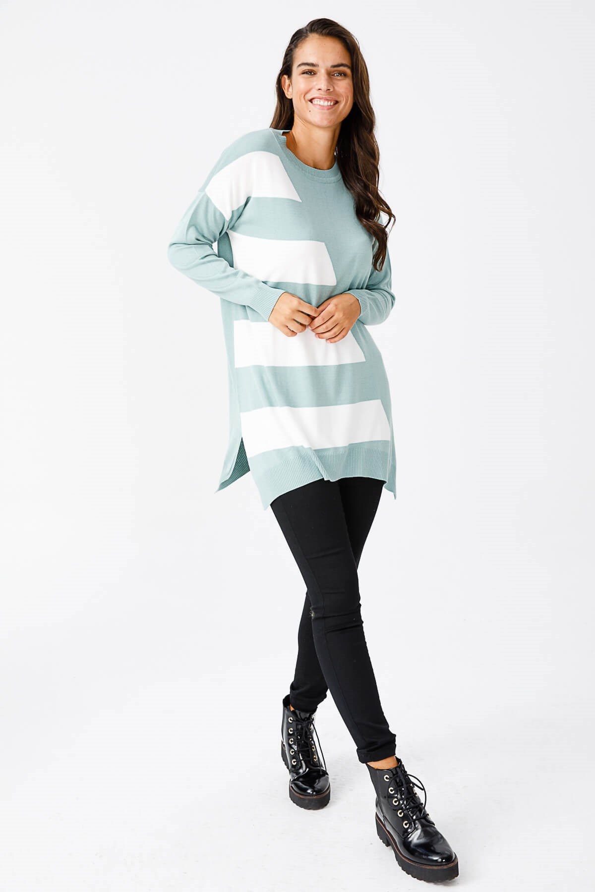 ON TRİKO Tunic Tunik Ön Yarısı Merdiven Renkli Sıfır Yaka Rahat Kalıp  Mint