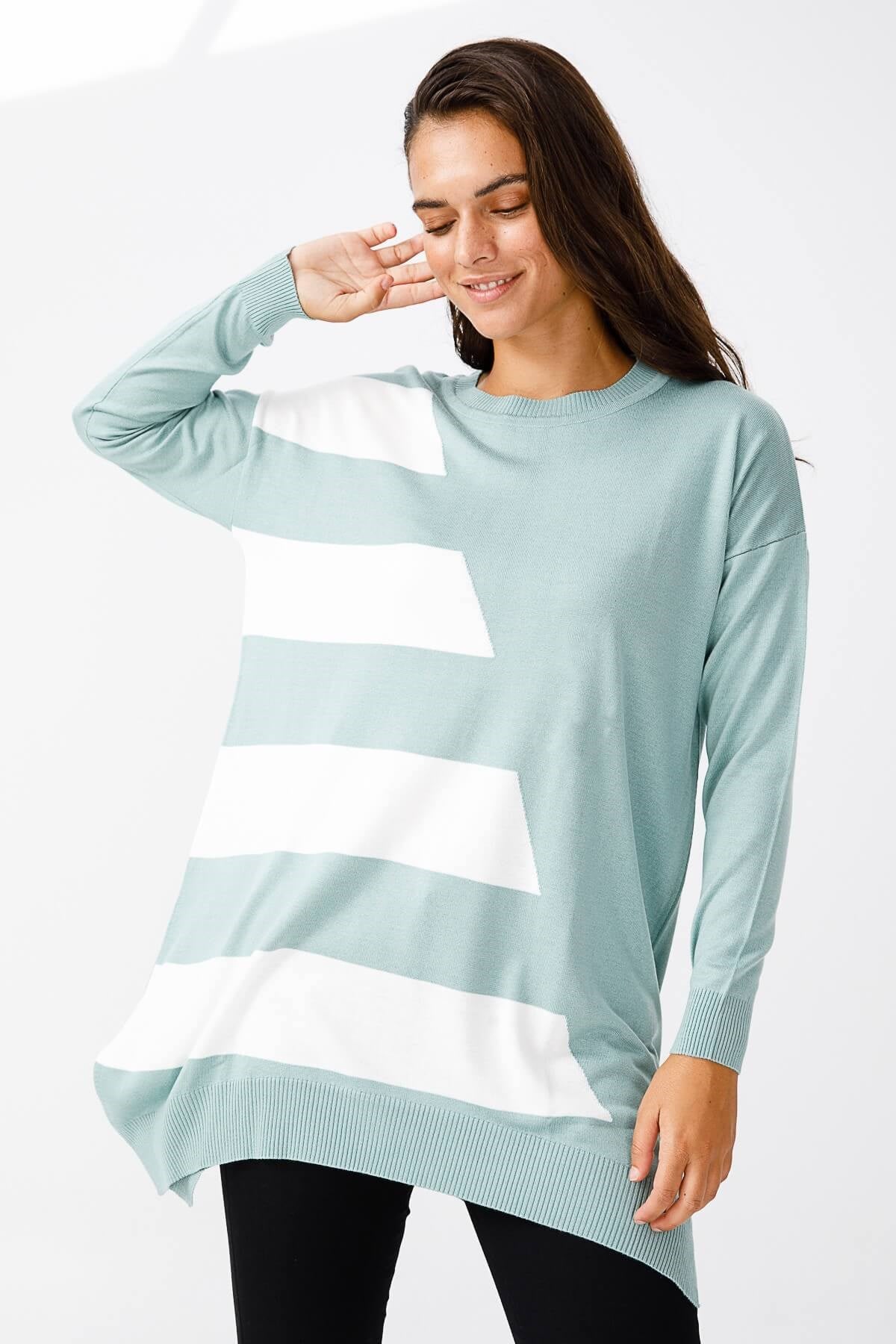 ON TRİKO Tunic Tunik Ön Yarısı Merdiven Renkli Sıfır Yaka Rahat Kalıp  Mint