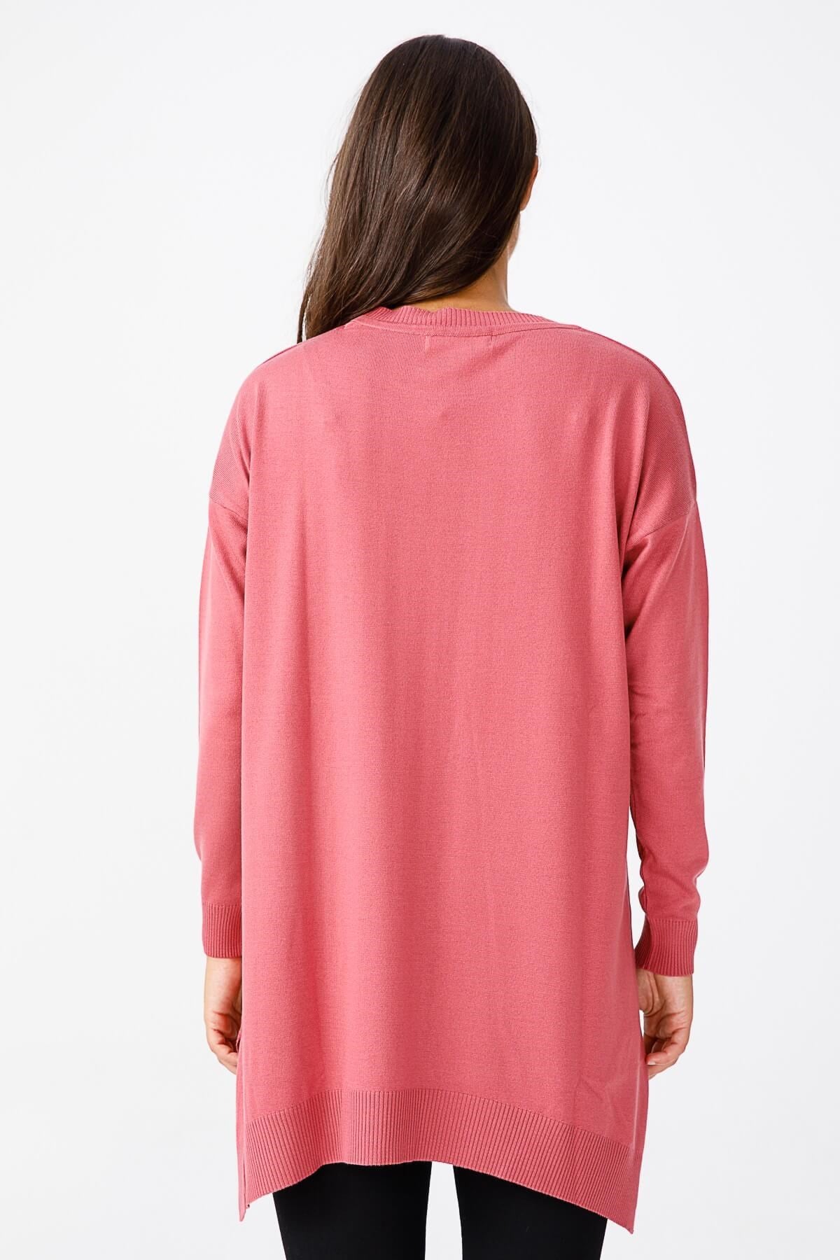 ON TRİKO Tunic Tunik Ön Yarısı Merdiven Renkli Sıfır Yaka Rahat Kalıp  Rose
