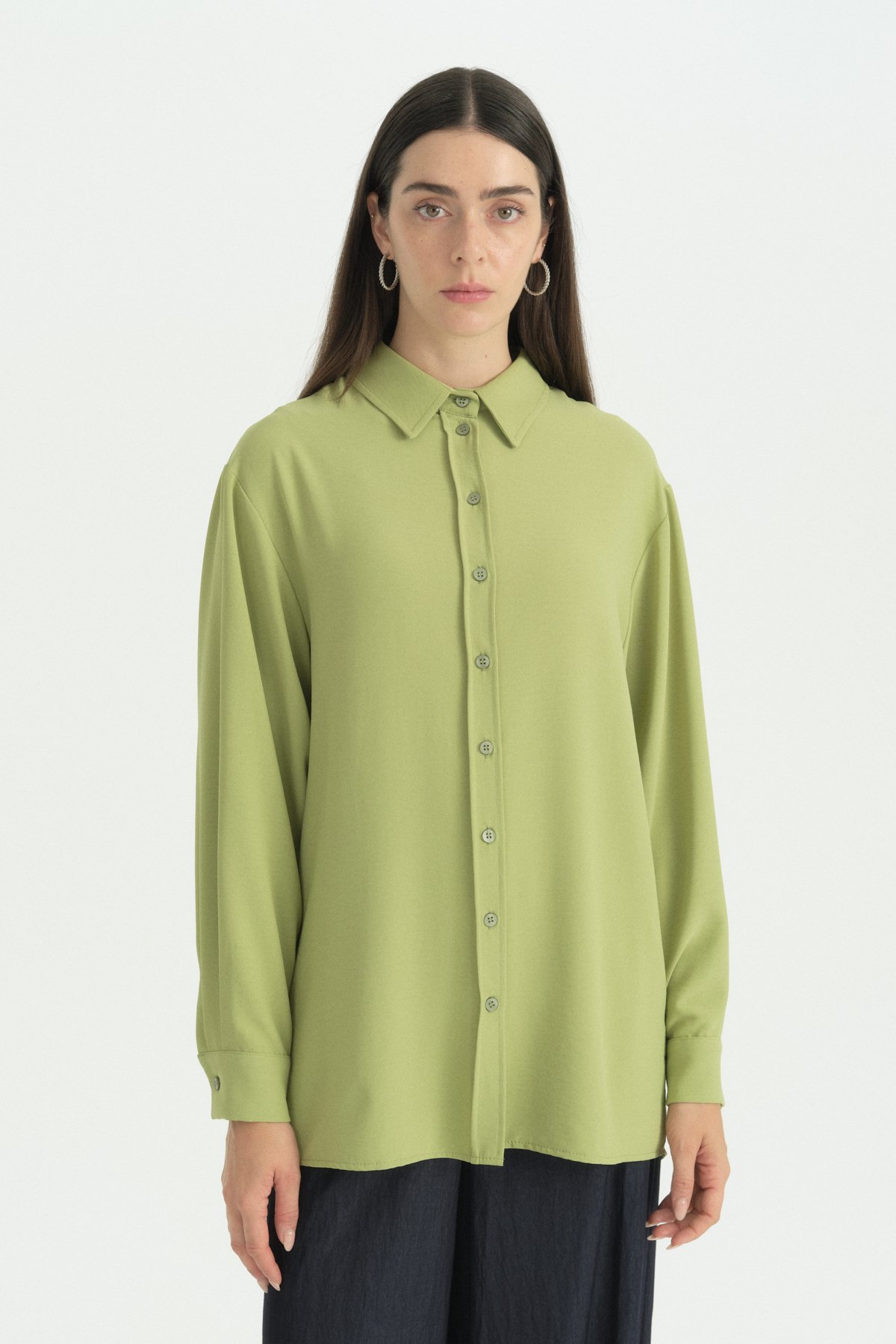 Pili Detaylı Vintage Gömlek Tunik  Elma Yeşili