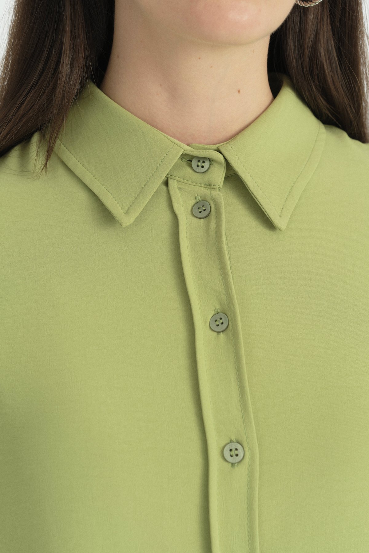Pili Detaylı Vintage Gömlek Tunik  Elma Yeşili