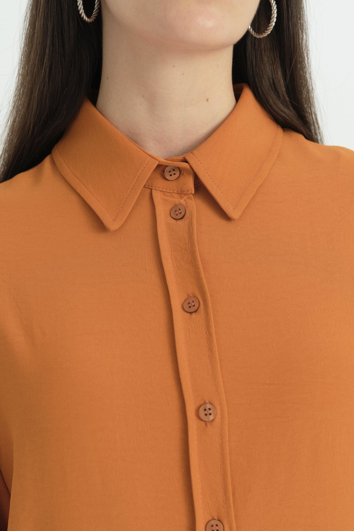 Pili Detaylı Vintage Gömlek Tunik  Tarçın