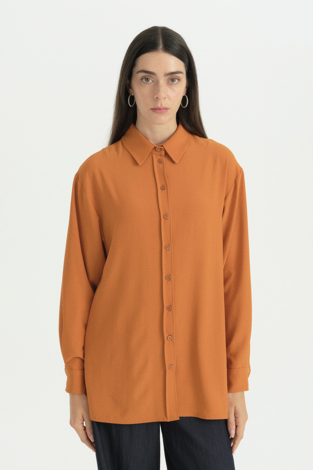 Pili Detaylı Vintage Gömlek Tunik  Tarçın