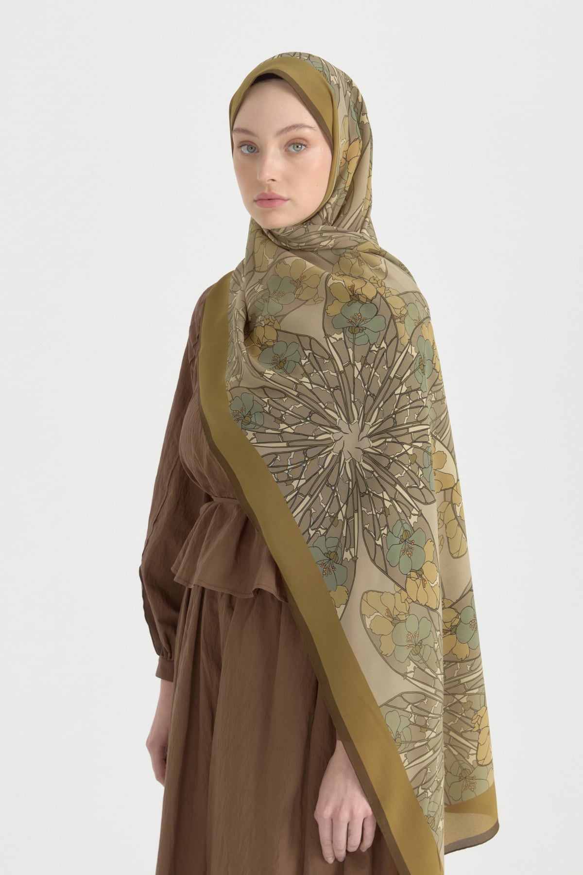 Sahar Krep İpek Şal  Olive