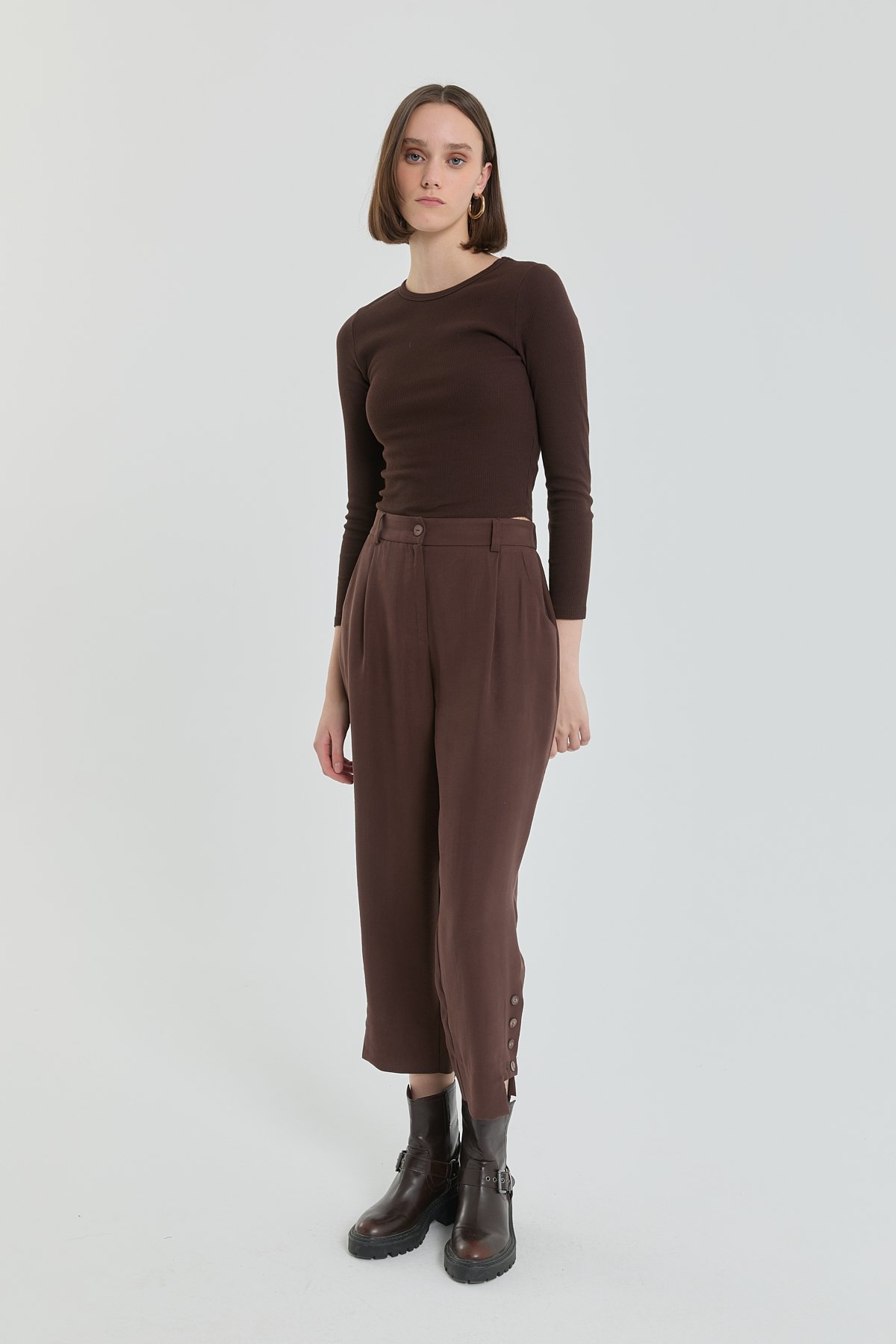 Tencel Karışım Havuç Pantolon  Kahve