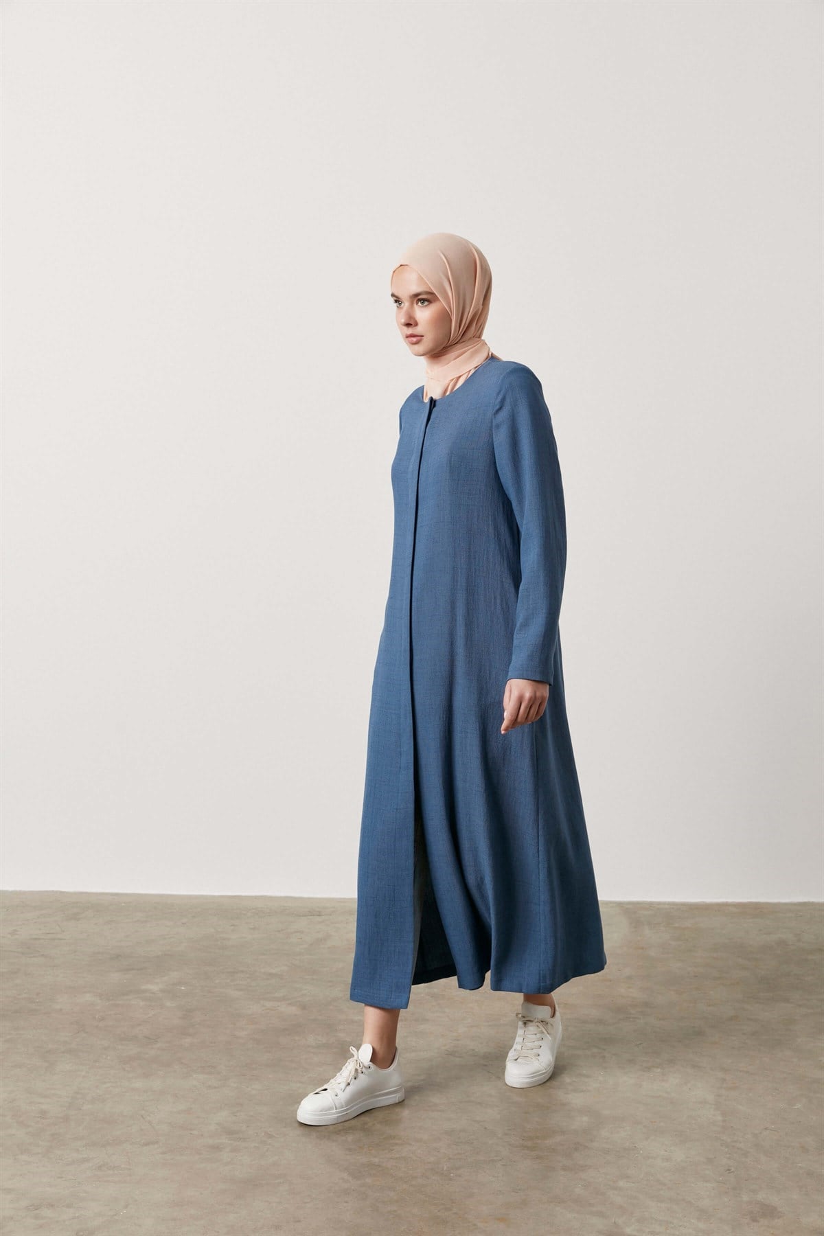TUĞBA Topcoat Büyük Beden Sıfır Yaka Gizli Pat Düğmeli Seyyar Kuşaklı  İndigo_modest