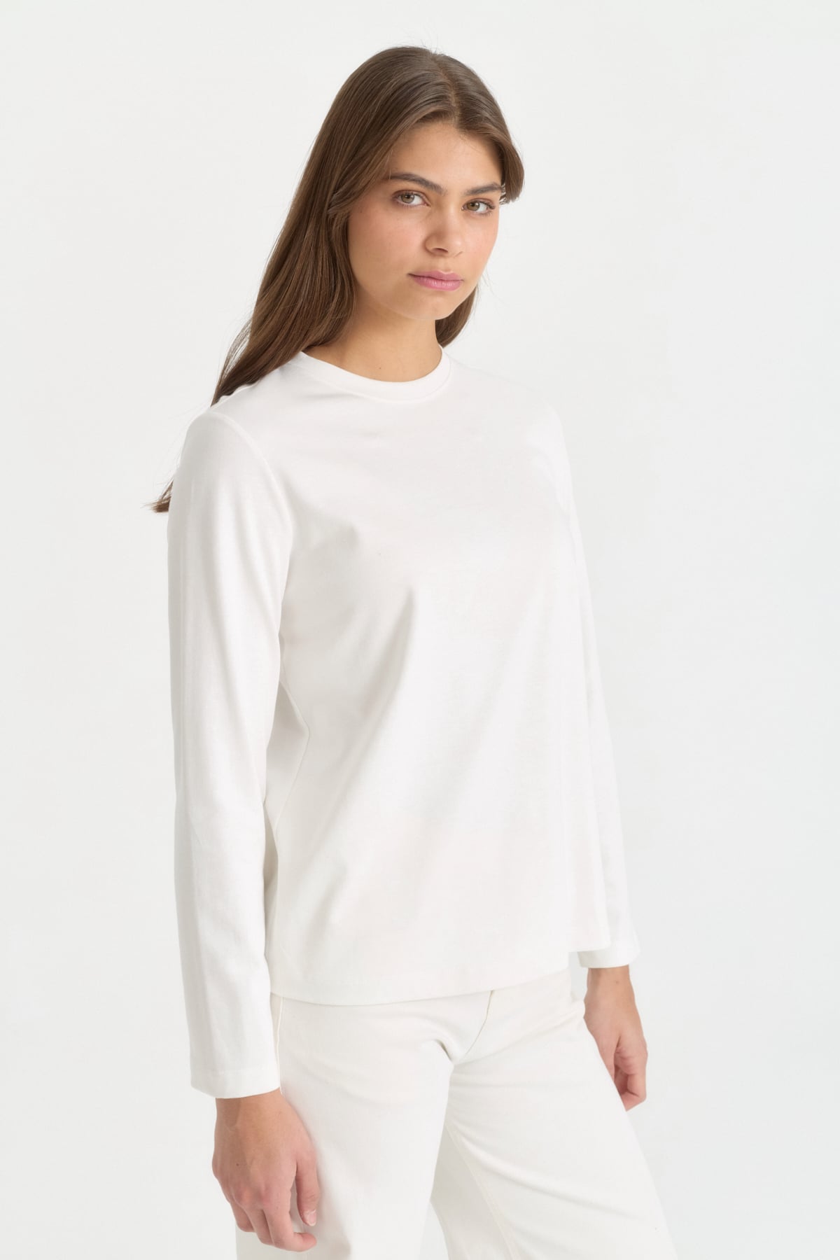 Uzun Kollu Basic Pamuk T-Shirt  Ekru