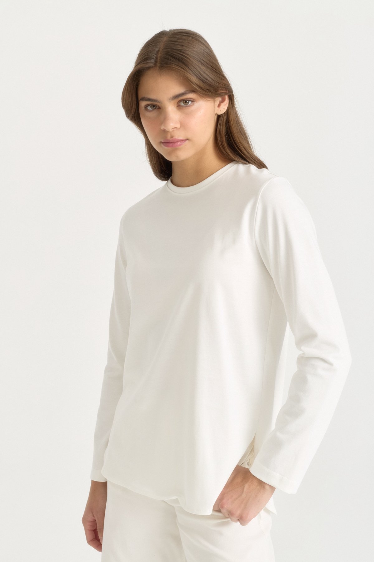 Uzun Kollu Basic Pamuk T-Shirt  Ekru