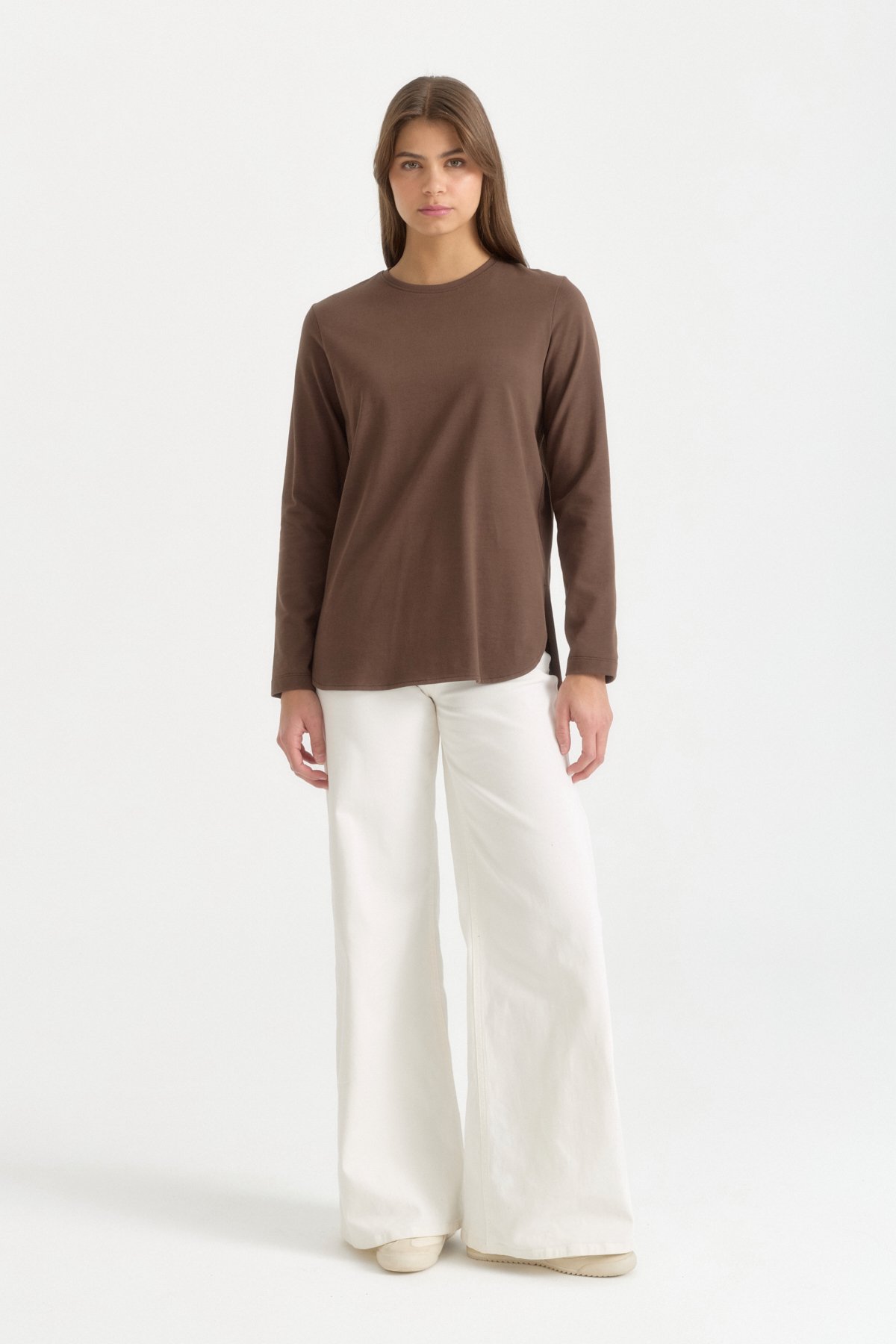 Uzun Kollu Basic Pamuk T-Shirt  Kahve