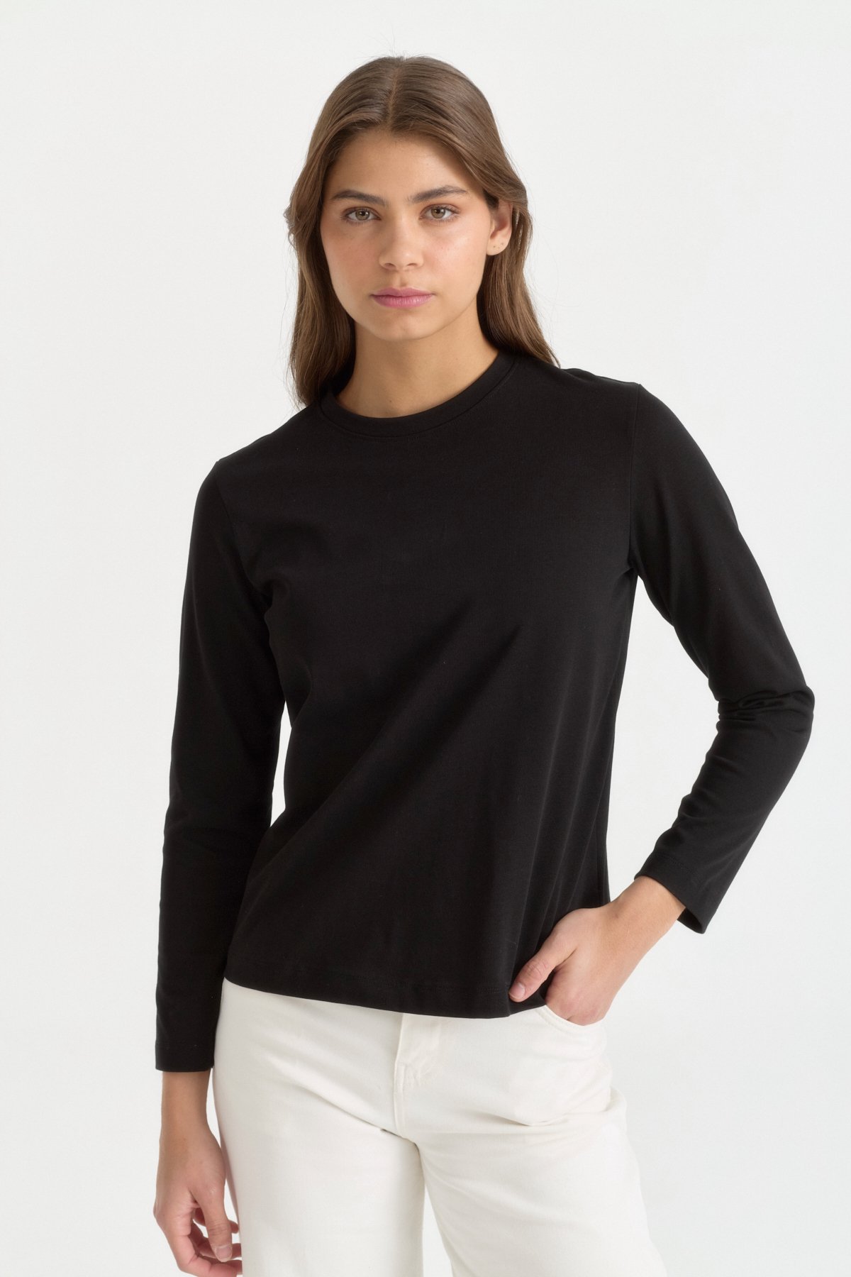 Uzun Kollu Basic Pamuk T-Shirt  Siyah