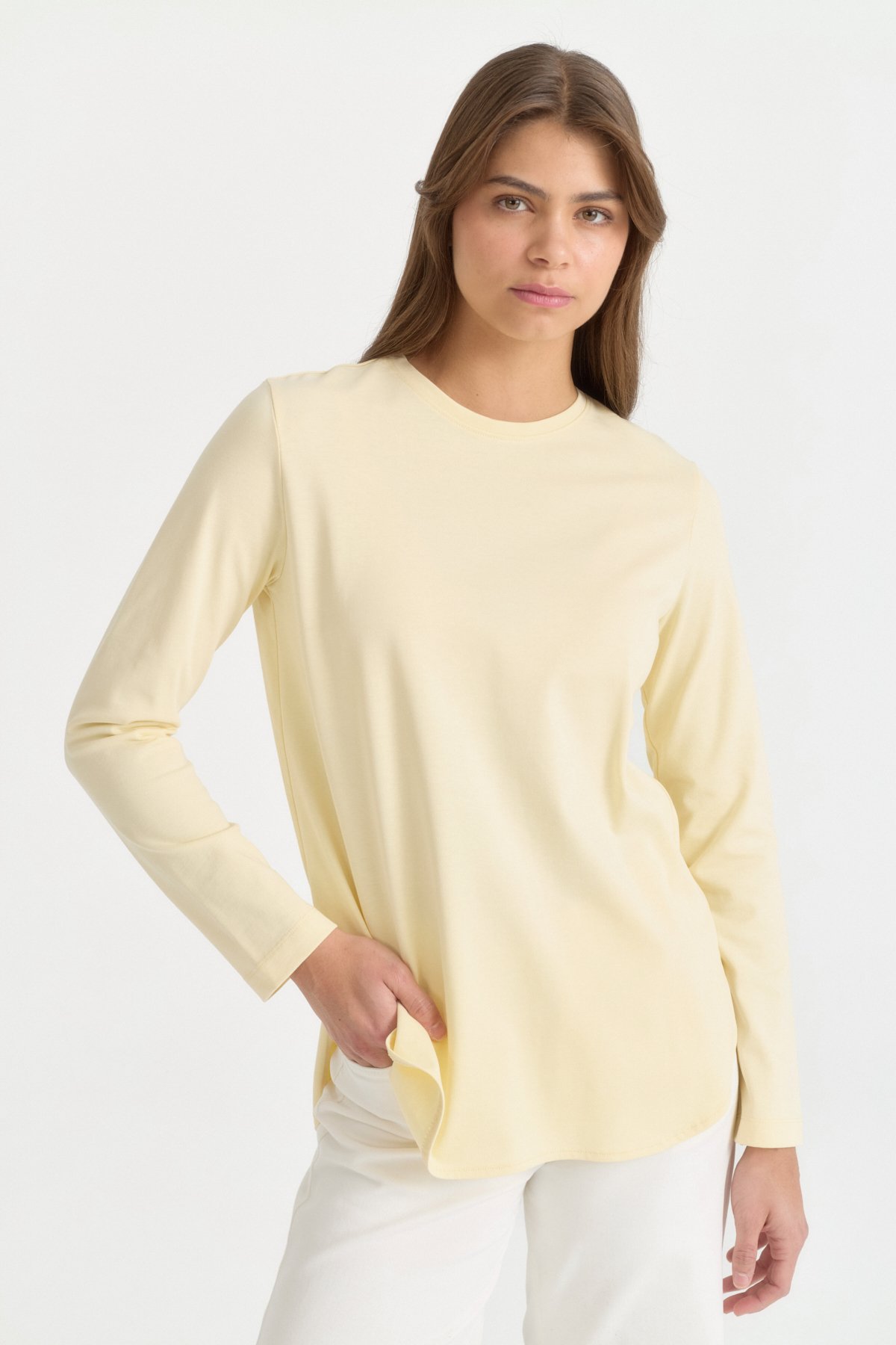 Uzun Kollu Basic Pamuk T-Shirt  Tereyağ Sarısı