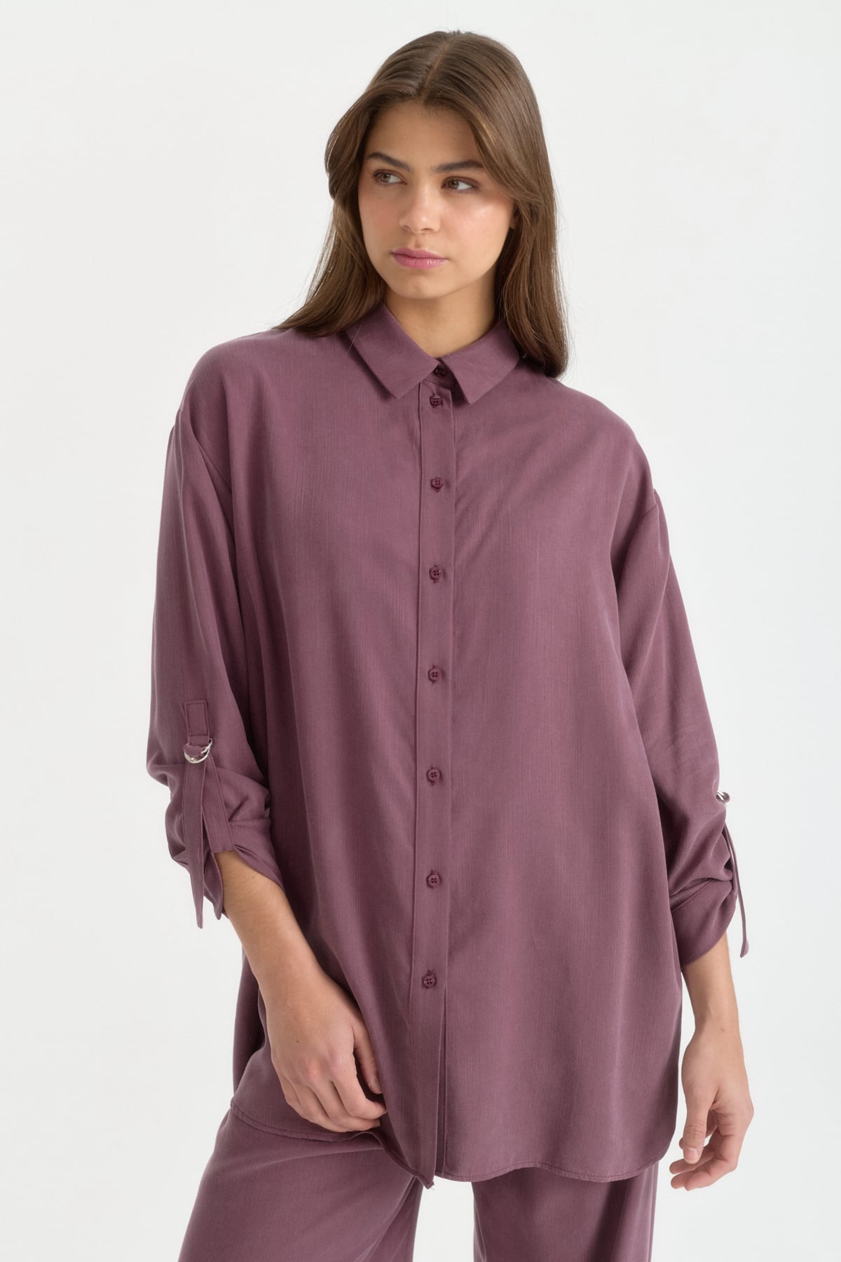Yanları Asimetrik Detaylı Lyocell Pantolon Tunik Takım  Mürdüm
