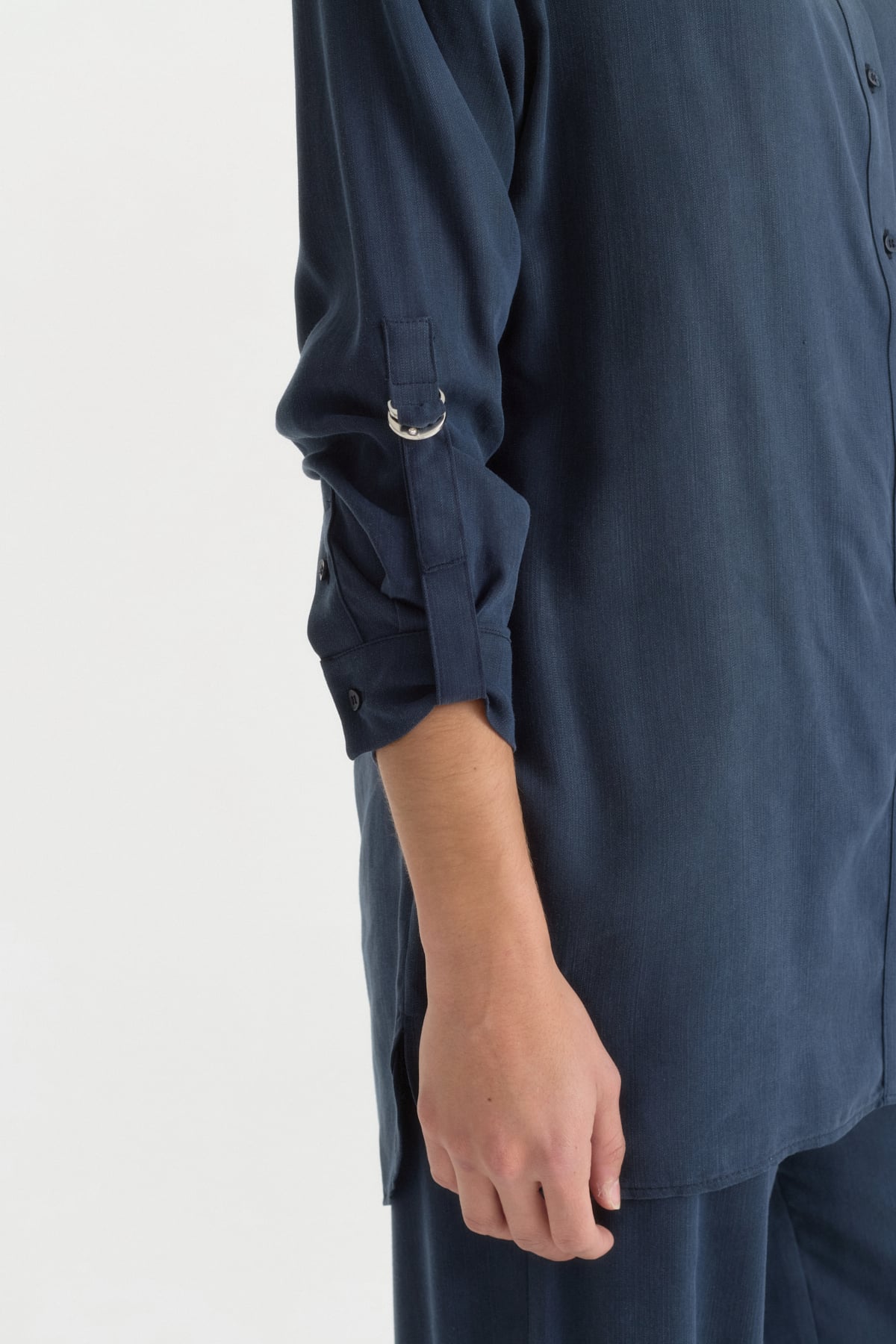 Yanları Asimetrik Detaylı Lyocell Pantolon Tunik Takım  Lacivert
