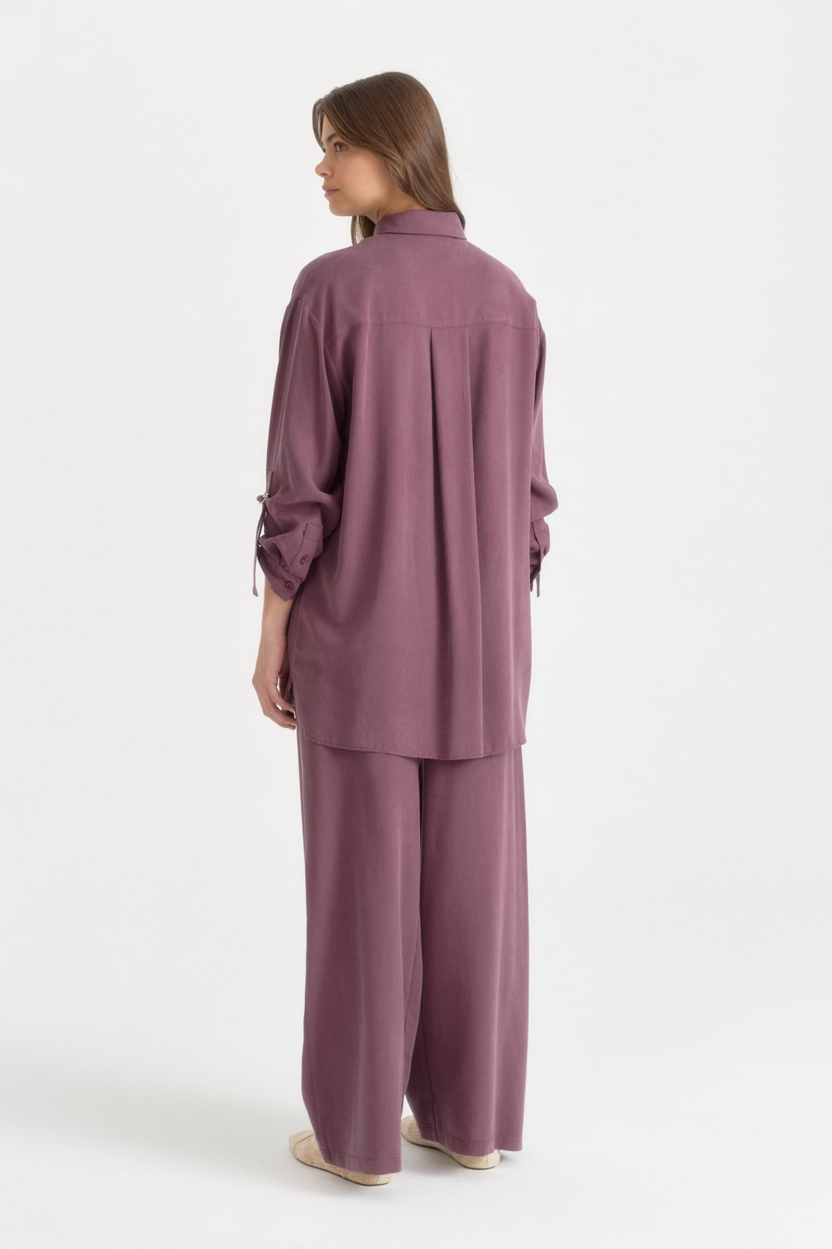 Yanları Asimetrik Detaylı Lyocell Pantolon Tunik Takım  Mürdüm