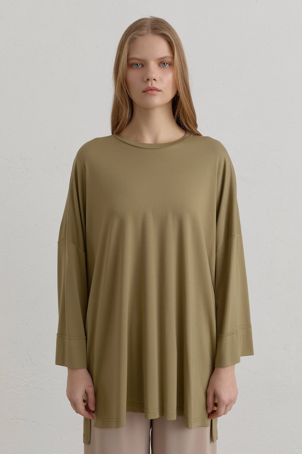 Yanları Yırtmaçlı Oversize Basic Örme Tunik  Haki