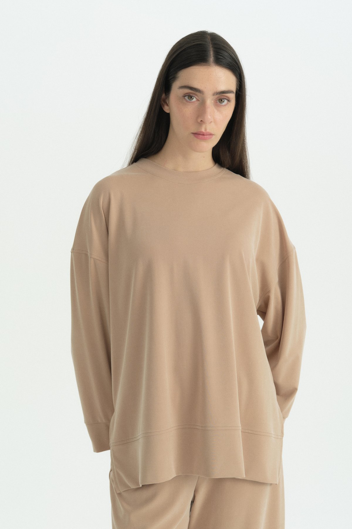 Yanları Yırtmaçlı Pantolon Lyocell Takım  Camel