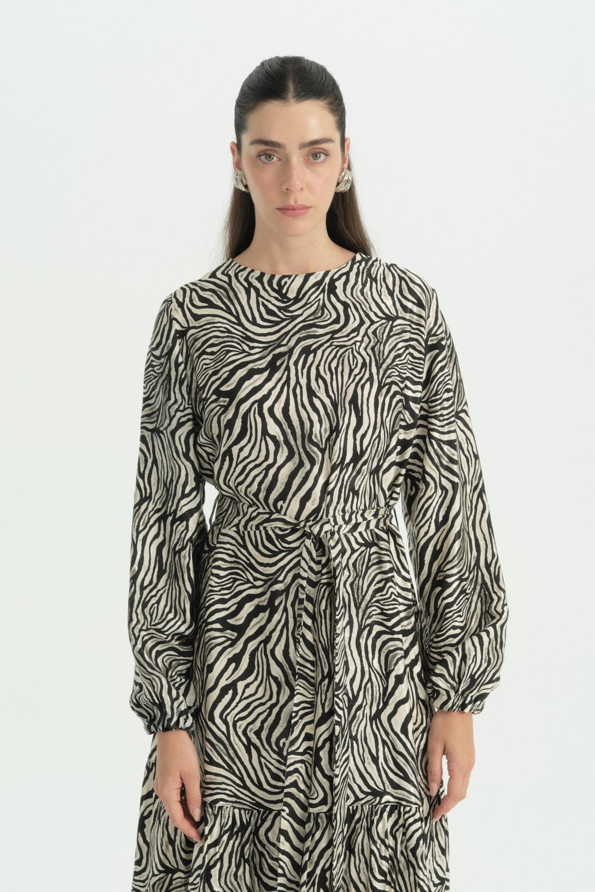 Zebra Desen Jakar Elbise  Siyah
