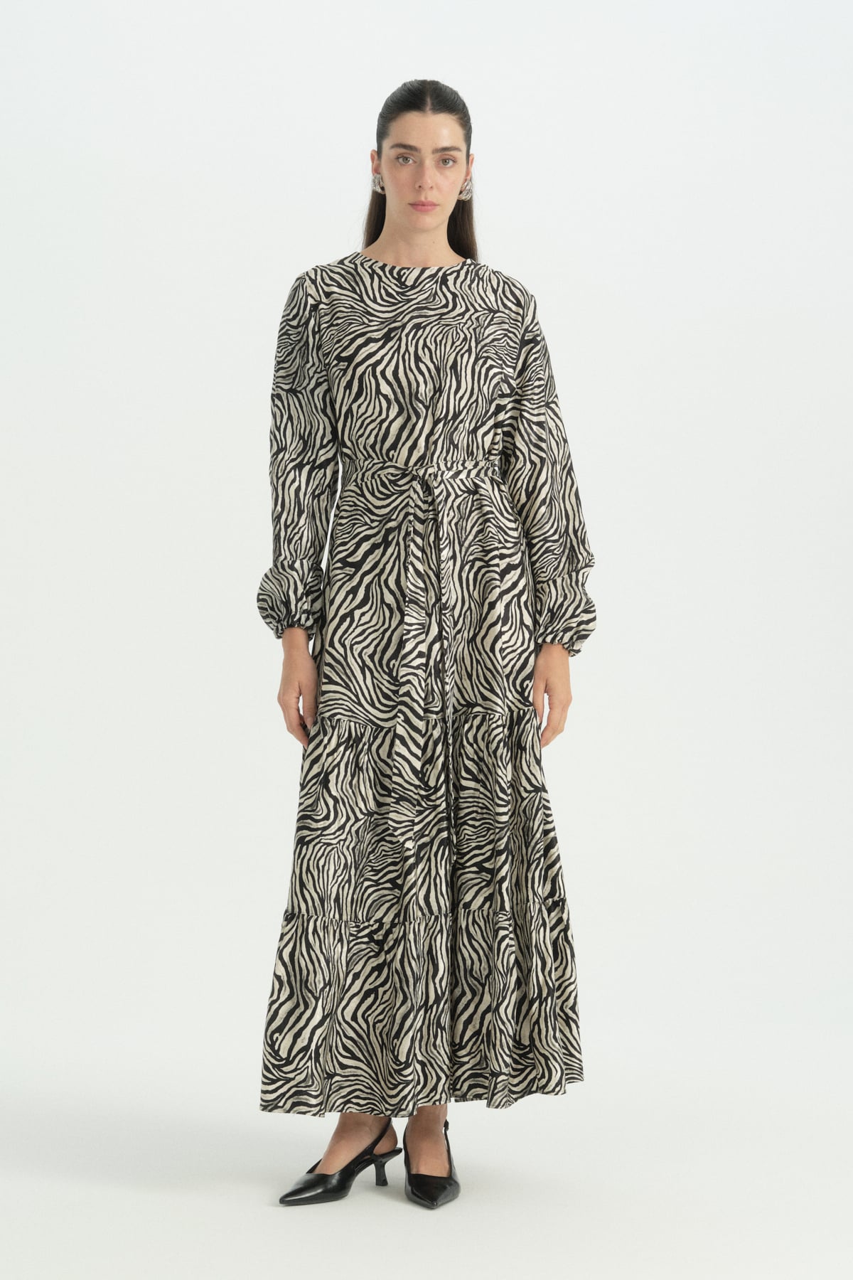Zebra Desen Jakar Elbise  Siyah