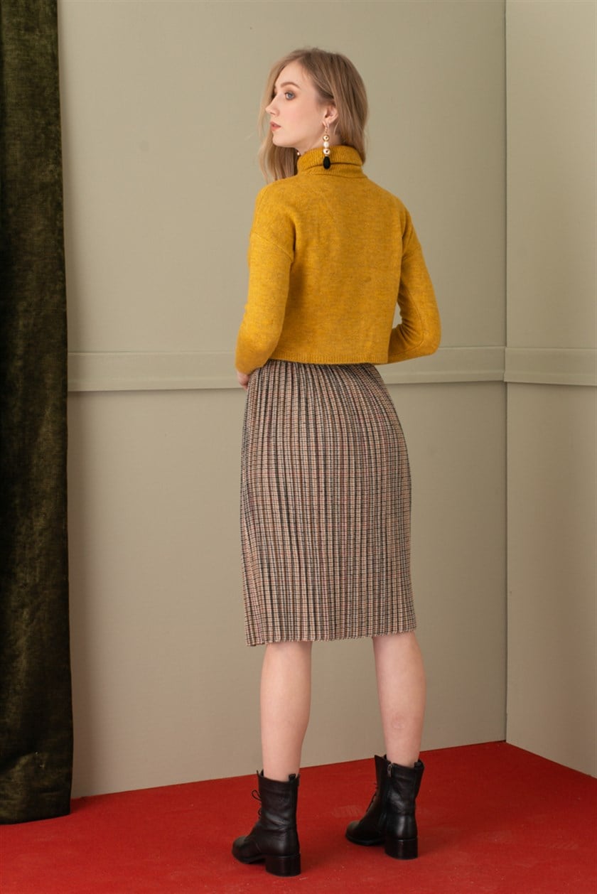 Bej pliseli yün etek