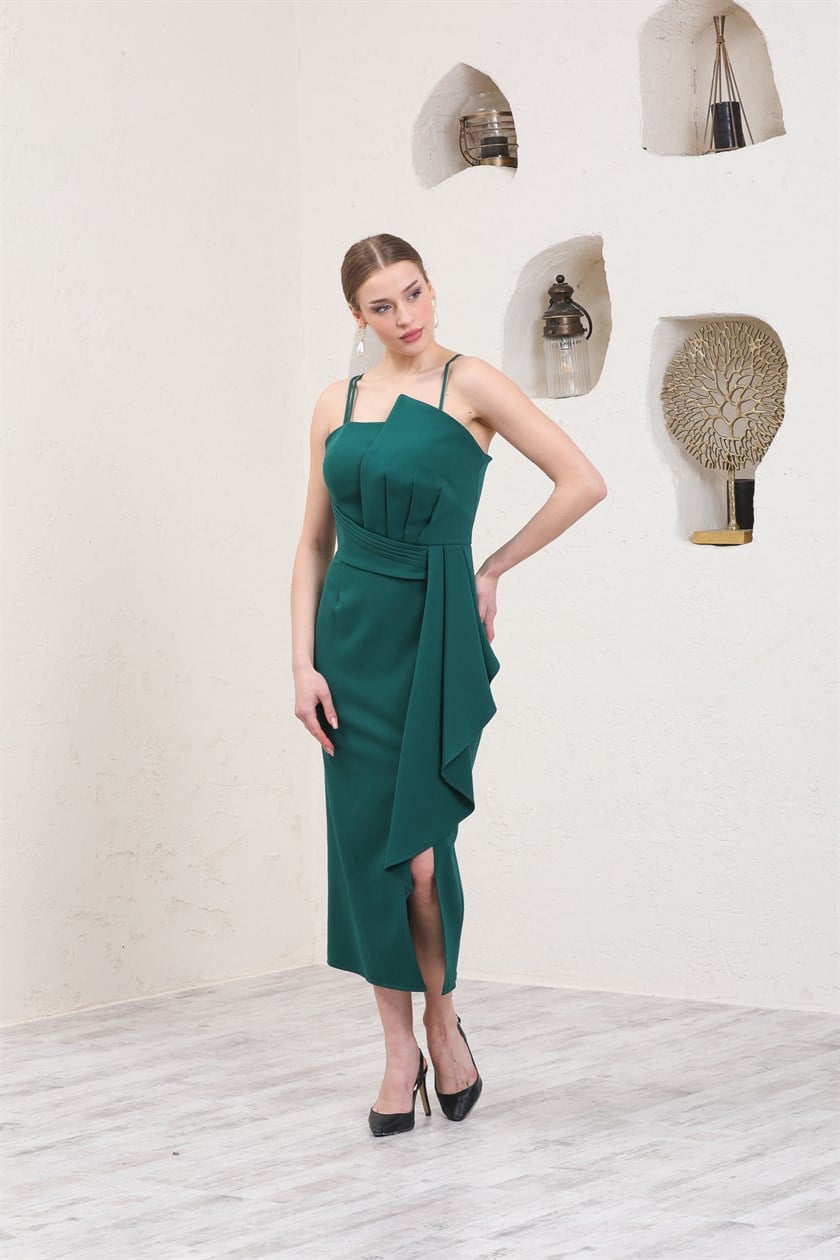 Eteği Volanlı Yeşil Abiye Elbise