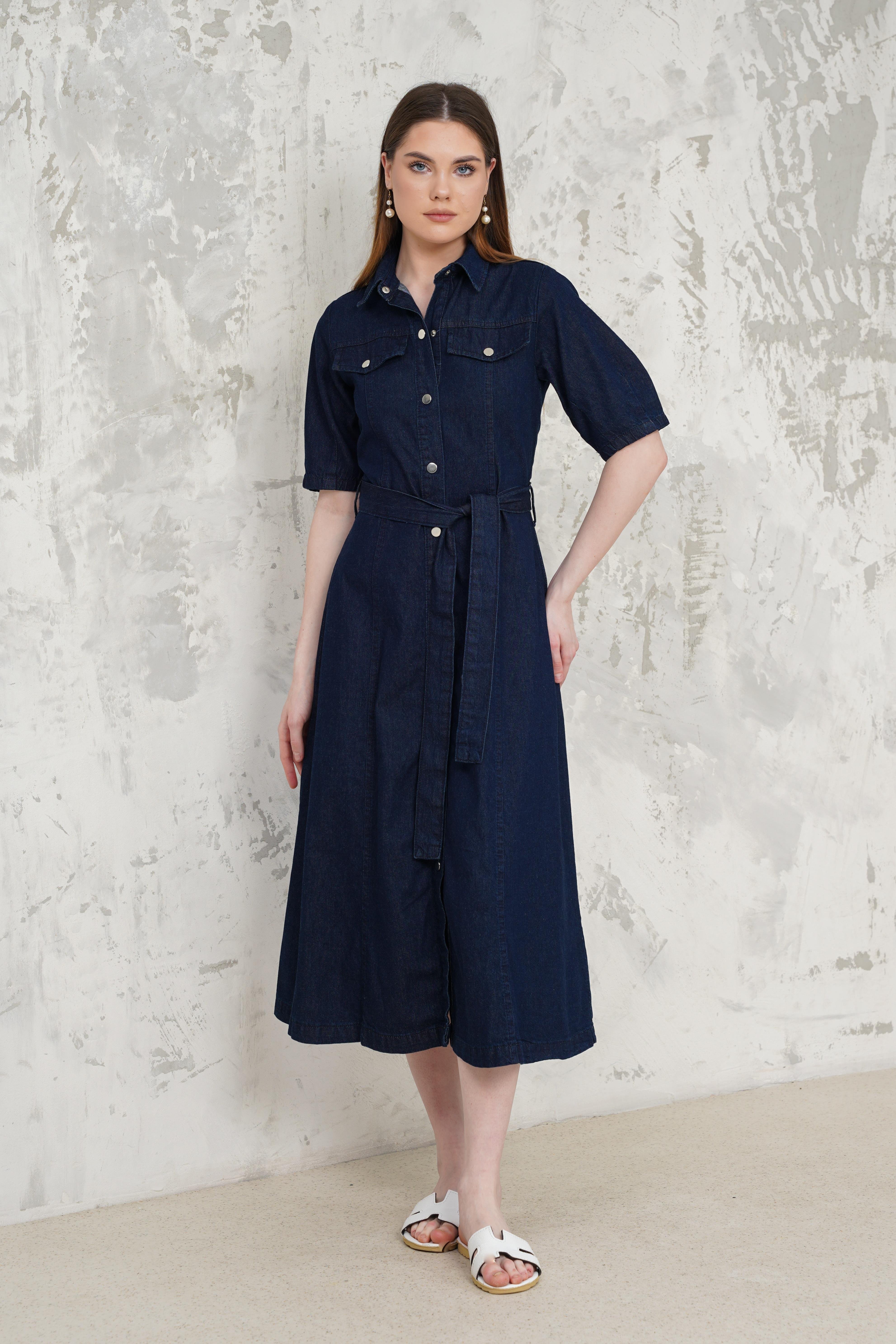 Kemerli Denim Elbise