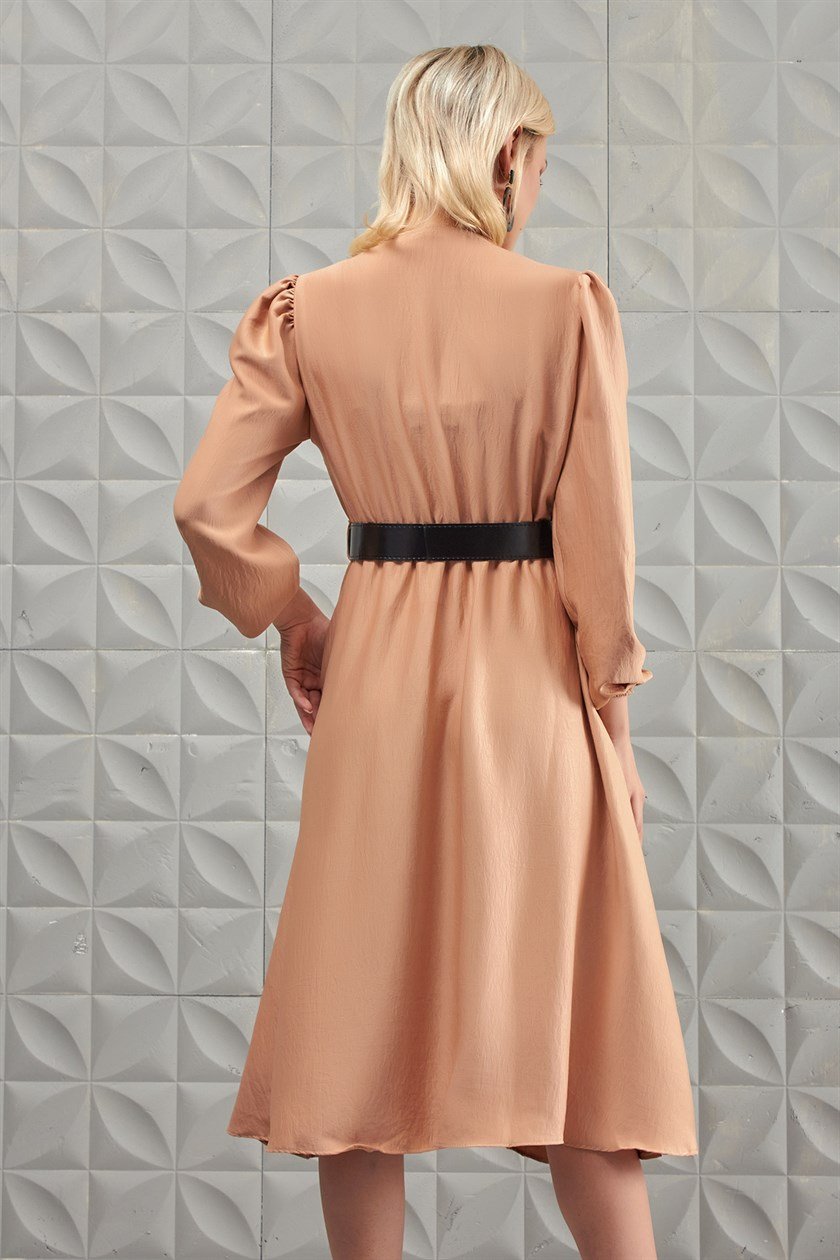 Kruvaze Saten Camel Elbise