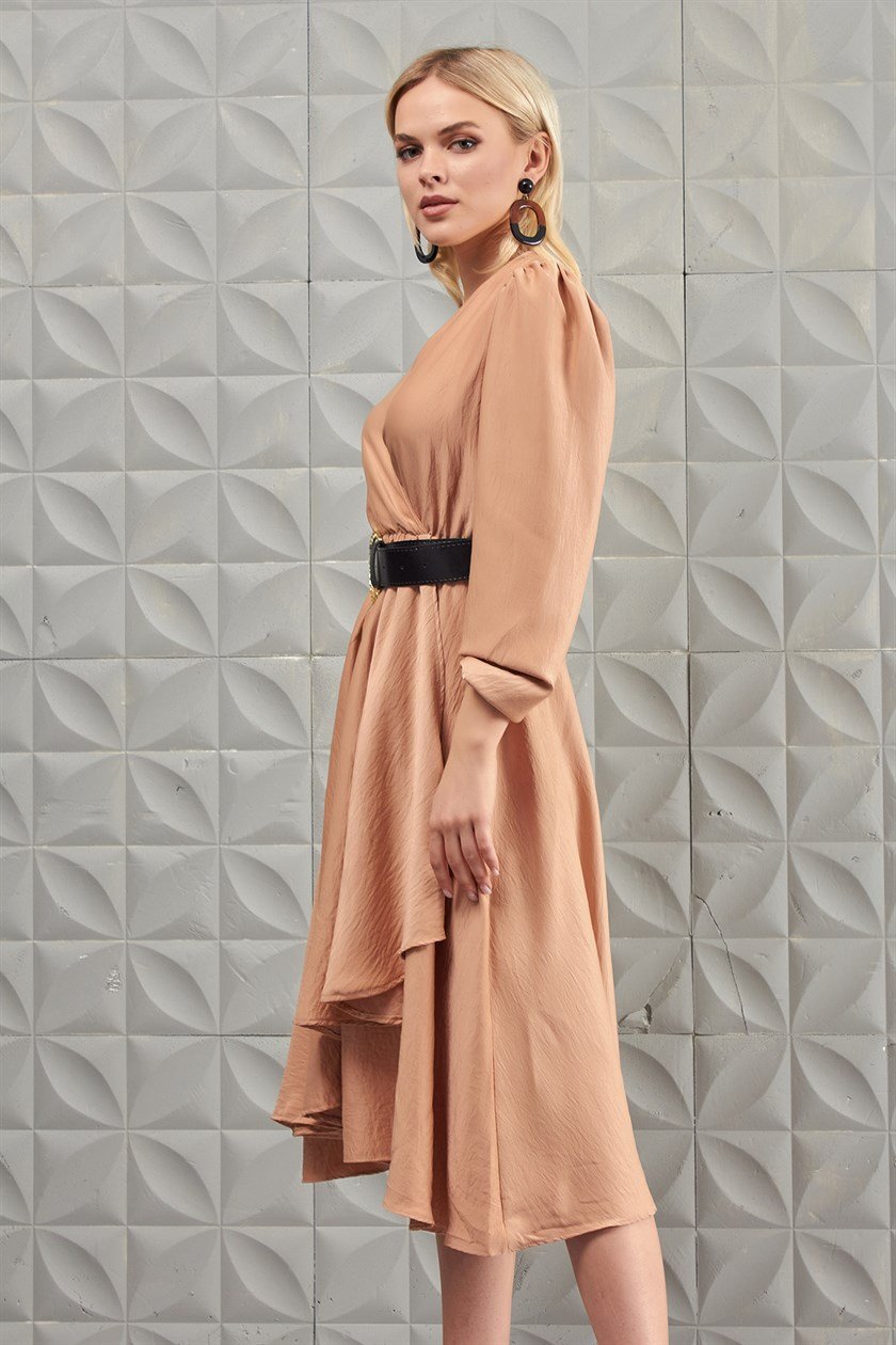 Kruvaze Saten Camel Elbise