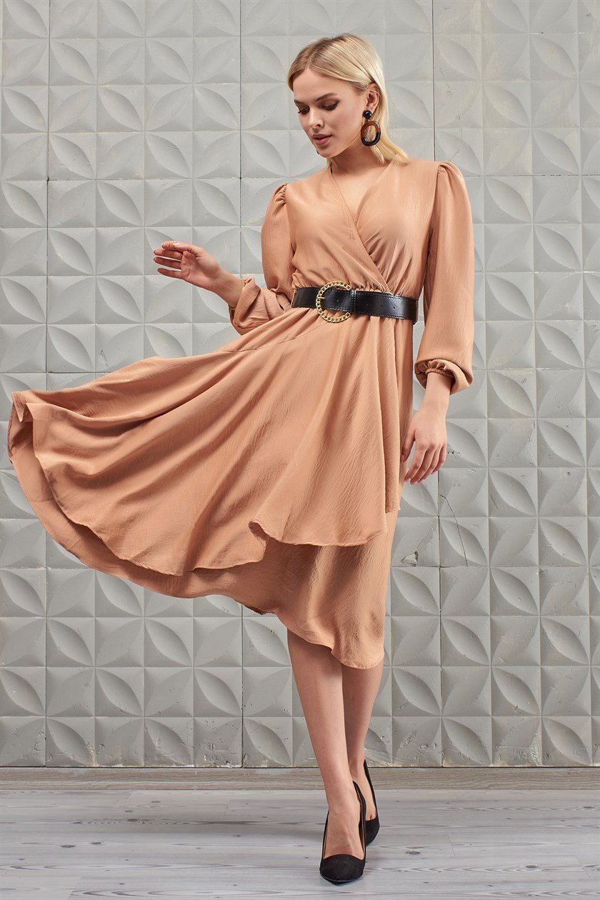 Kruvaze Saten Camel Elbise