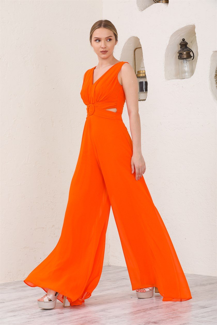 Oranj V Yaka Şifon Abiye Tulum