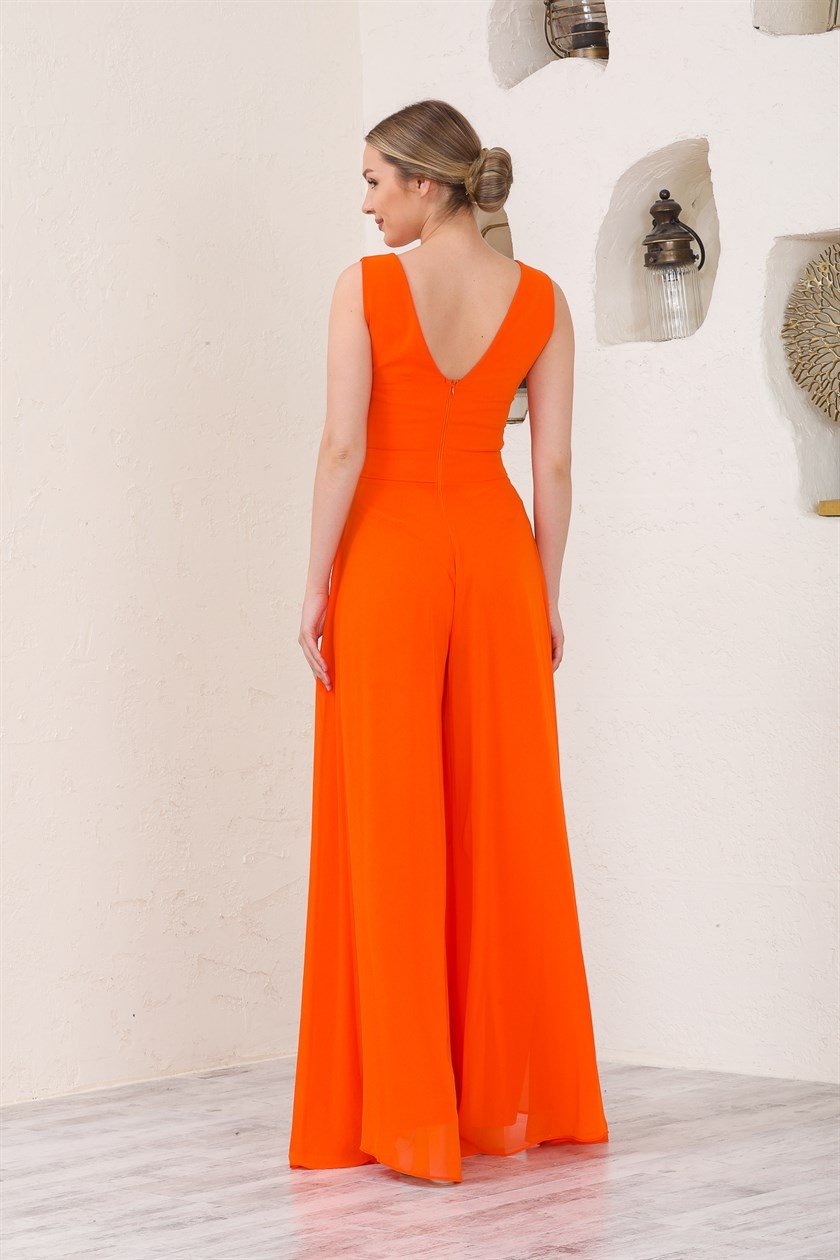 Oranj V Yaka Şifon Abiye Tulum