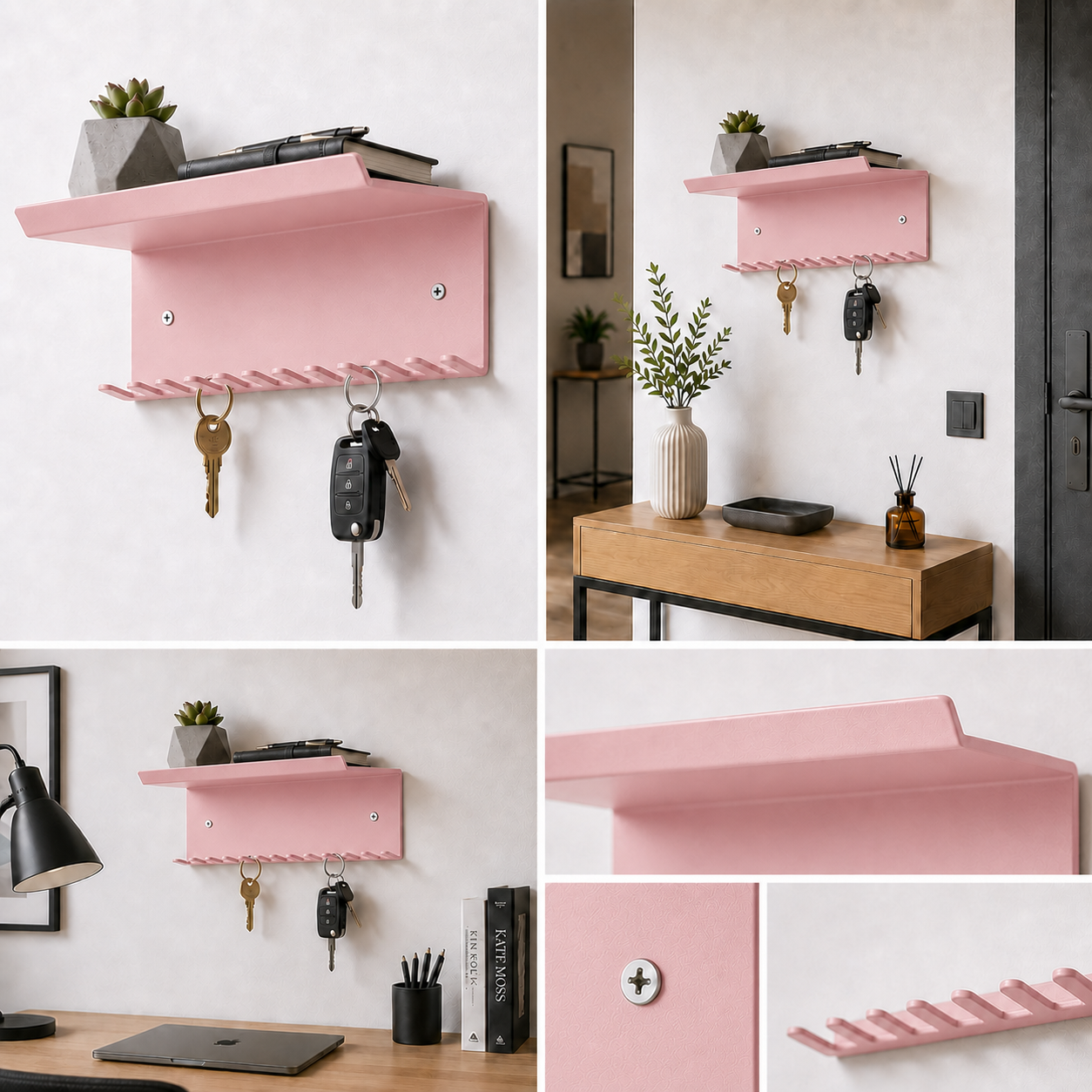 11 Askılı Metal Duvar Rafı ve Anahtarlık – RAL 3015 Açık Pembe | 30 cm