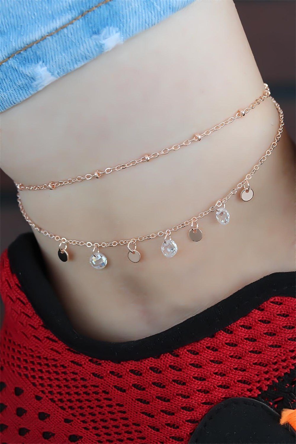  Zirkon Taşlı Çift Zincirli Rose Kaplama Hal Hal