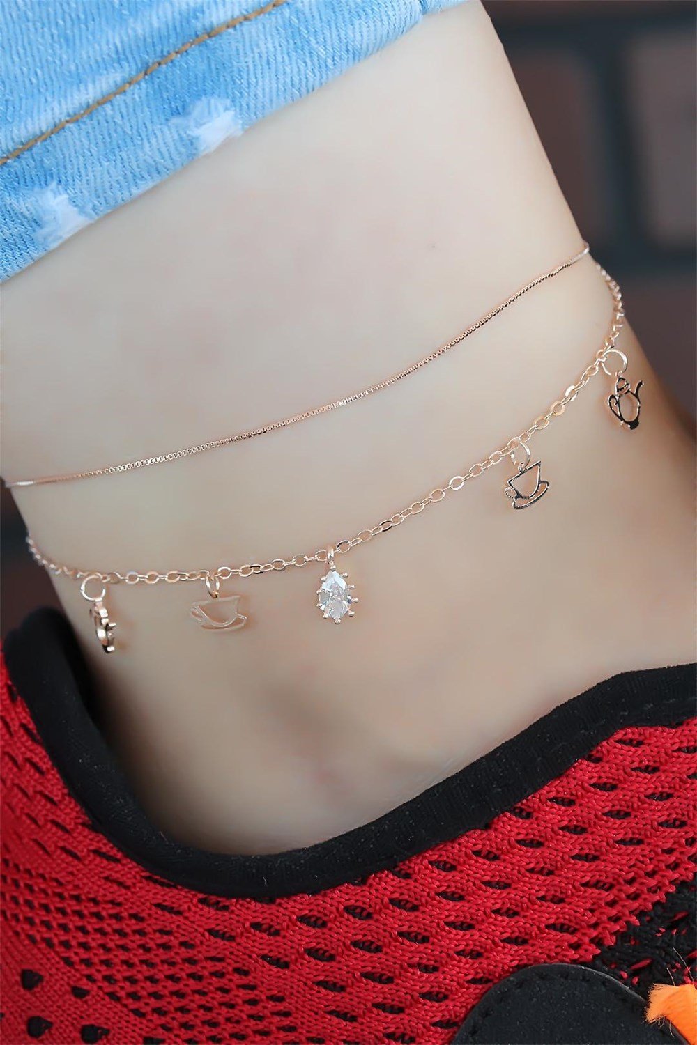  Zirkon Taşlı Rose Renk Çift Zincirli Hal Hal