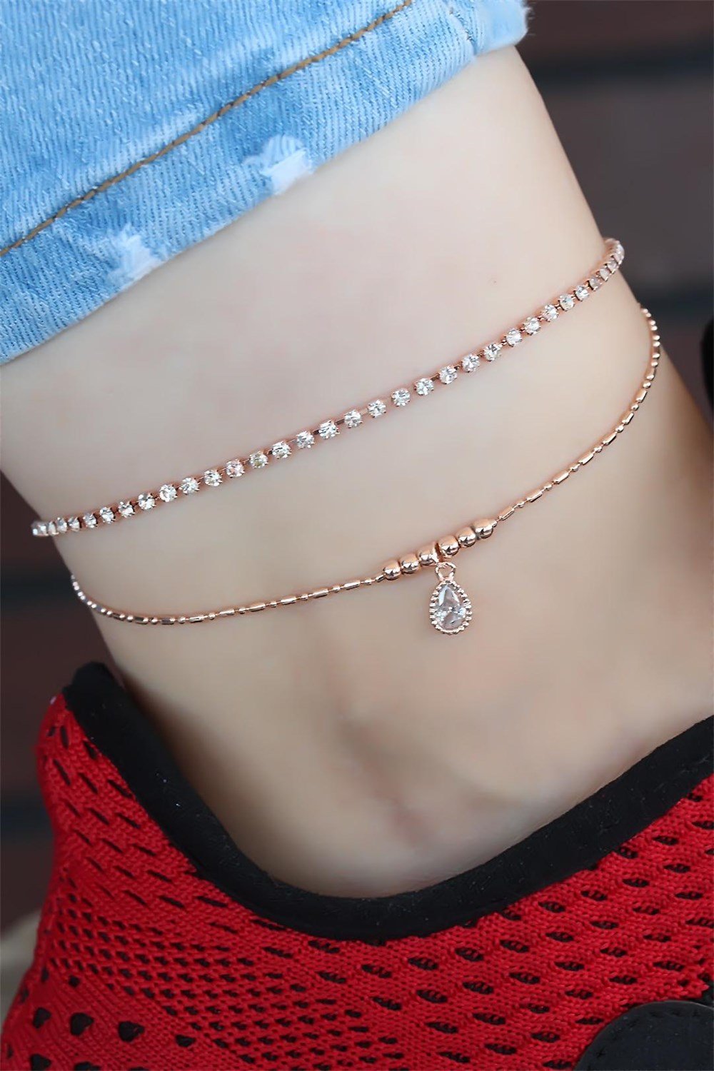  Zirkon Taşlı Rose Renk Kaplama Çift Zincirli Hal Hal