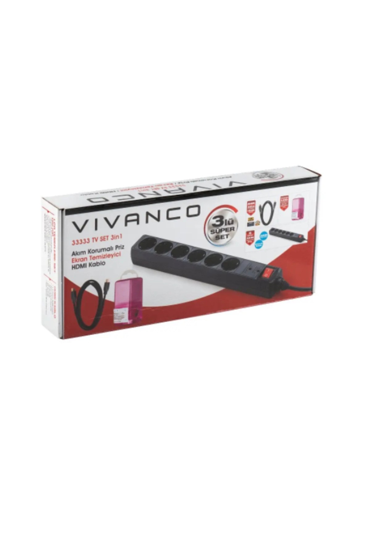 33333 Tv Set 3 In 1 Akım Korumalı 6lı Priz + Hdmı Kablo +  Ekran Temizleyici