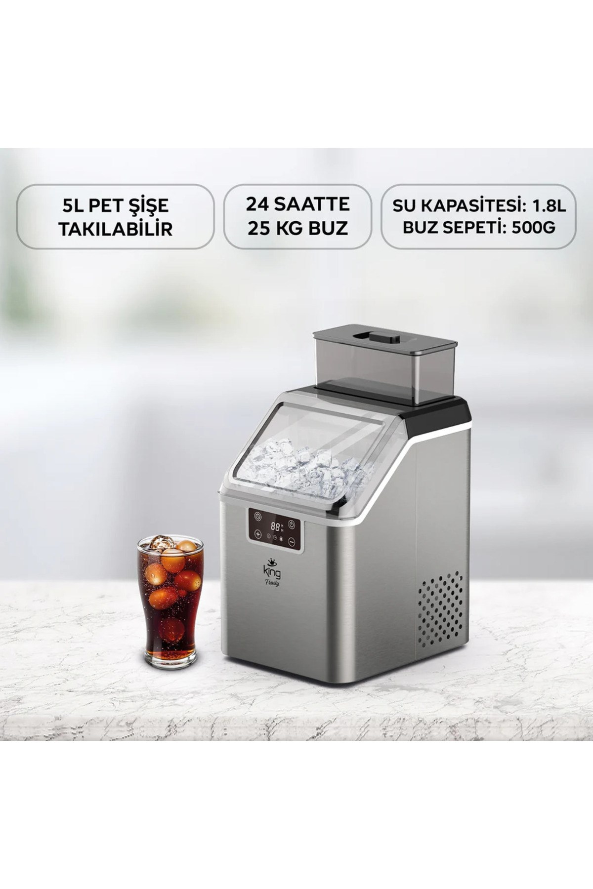 FROSTY 25KG BUZ KAPASİTELİ PET ŞİŞE TAKILABİLİR BUZ YAPMA MAKİNESİ KBM7992 - 4 YIL GARANTİ