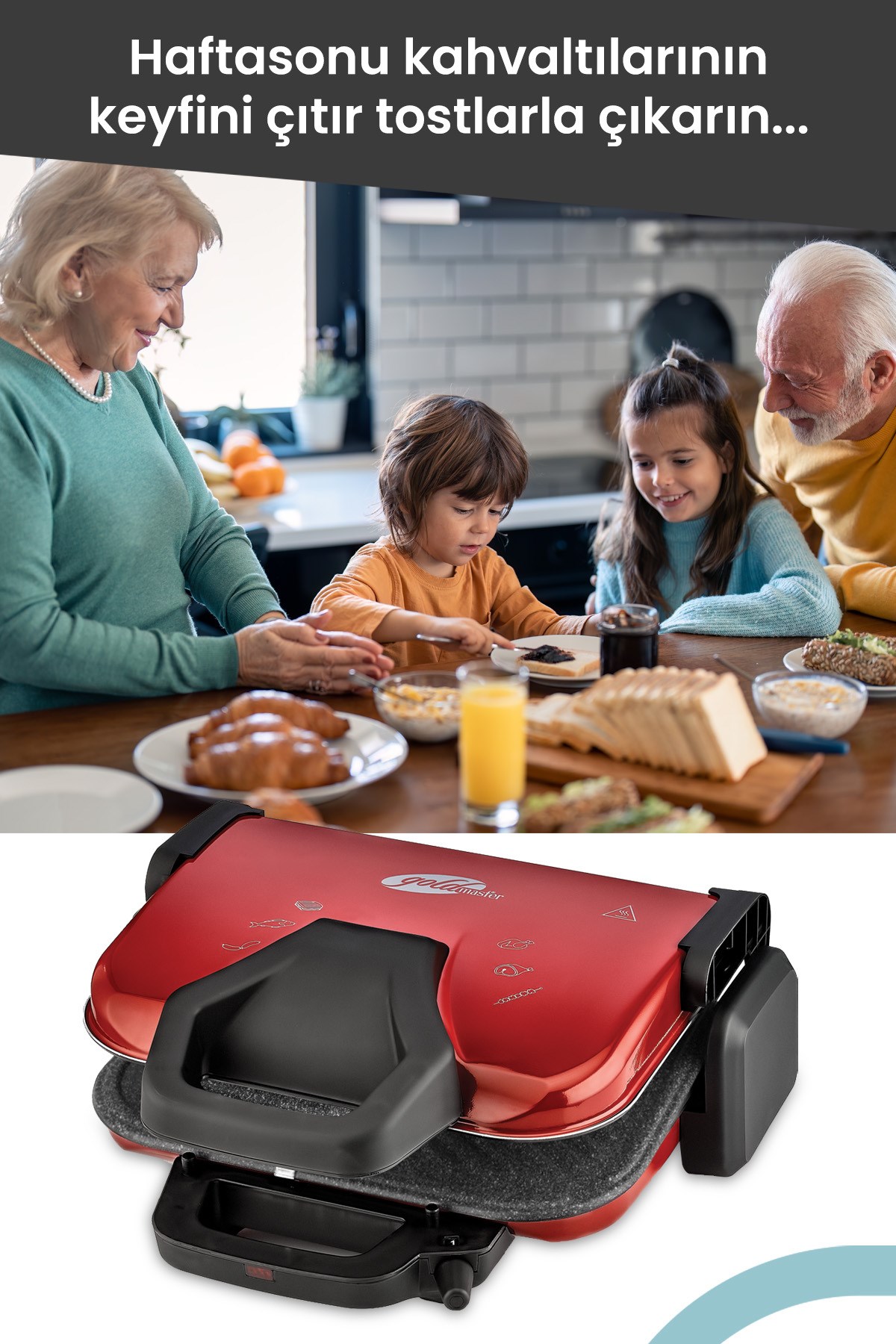 Kumru Kırmızı 1800 Watt Granit Çıkarılabilir Plakalı 5 Kademe Isı Ayarlı Tost Ve Izgara Makinesi