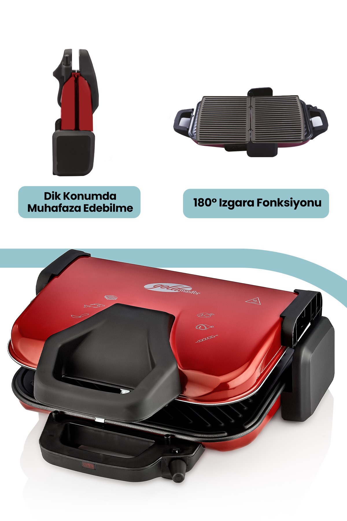 Kumru Kırmızı 1800 Watt Granit Çıkarılabilir Plakalı 5 Kademe Isı Ayarlı Tost Ve Izgara Makinesi