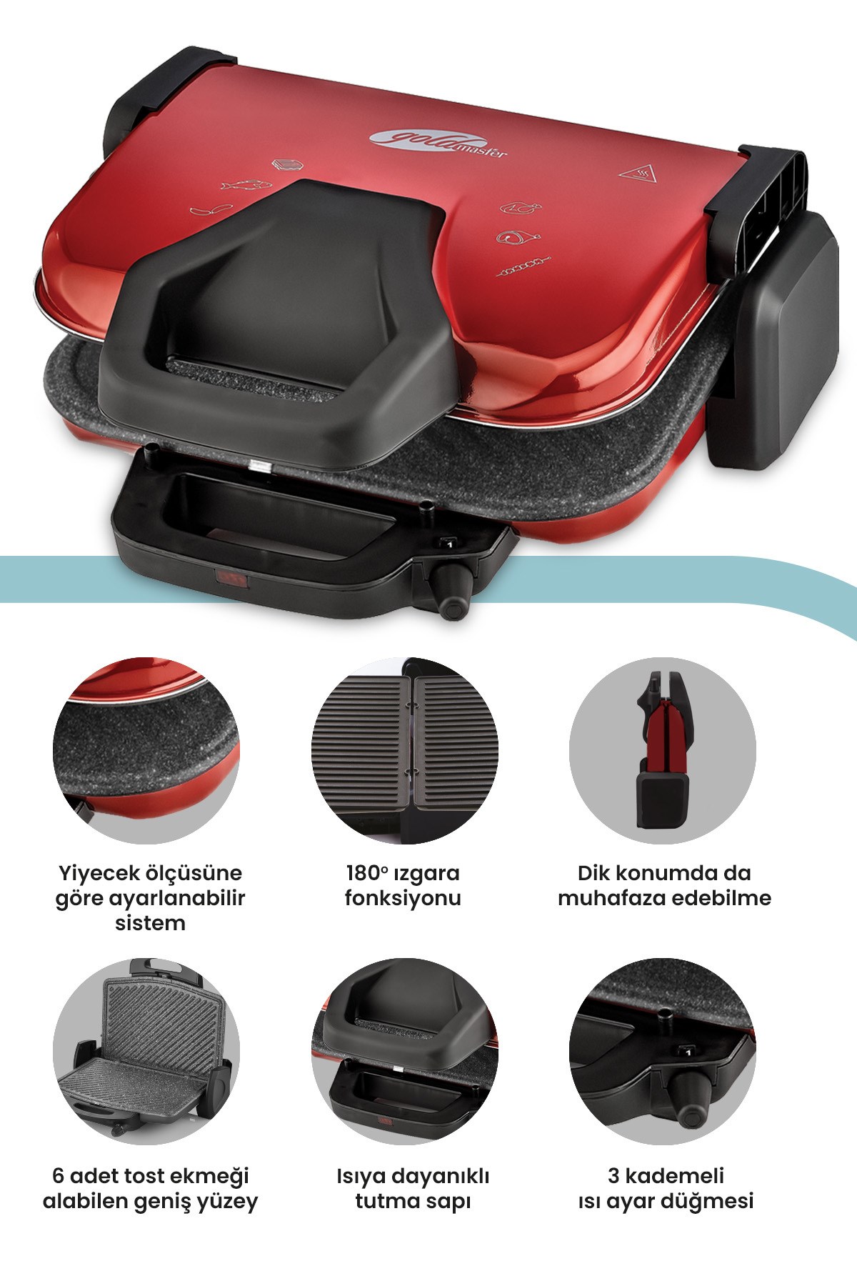 Kumru Kırmızı 1800 Watt Granit Çıkarılabilir Plakalı 5 Kademe Isı Ayarlı Tost Ve Izgara Makinesi