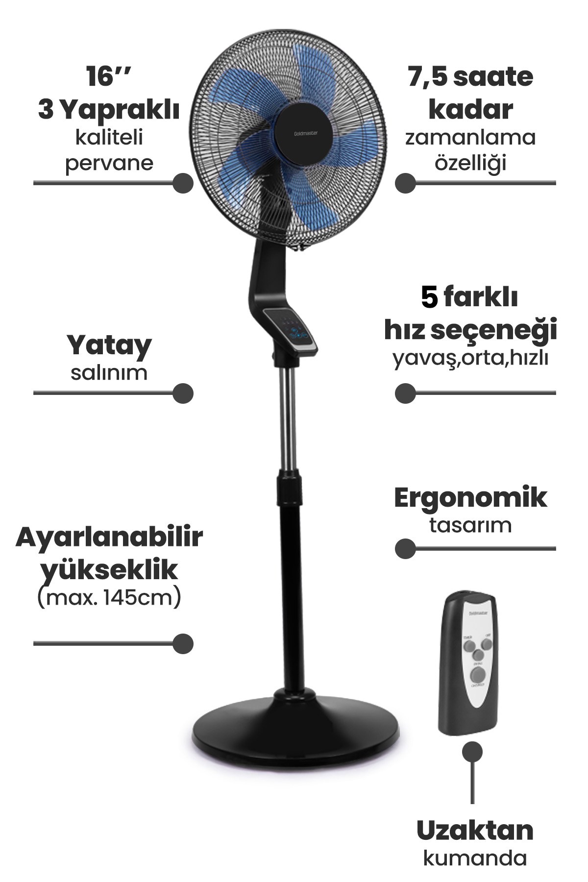 Serin Bakır Motorlu Yatay Salınımlı Hız Ve Zaman Ayarlı Uzaktan Kumandalı Ayaklı Vantilatör GM7936