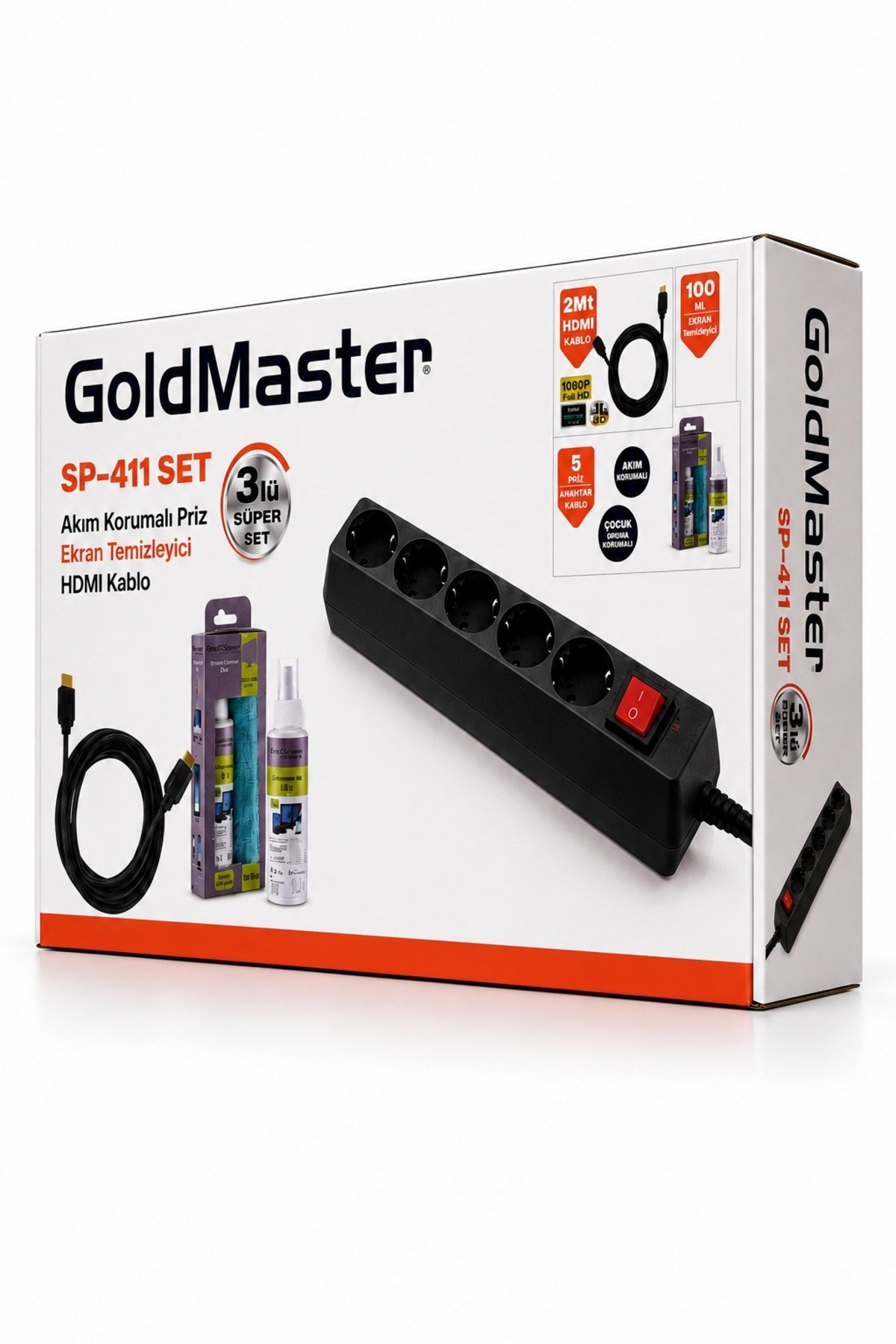 SP-411 Set 3in1 Akım Korumalı 5li Priz + Hdmı Kablo + Ekran Temizleyici