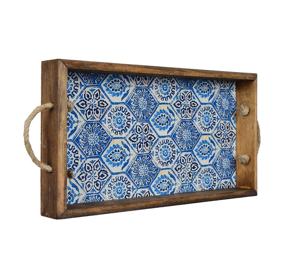 Vintage Blue Eskitme Halatlı Tepsi