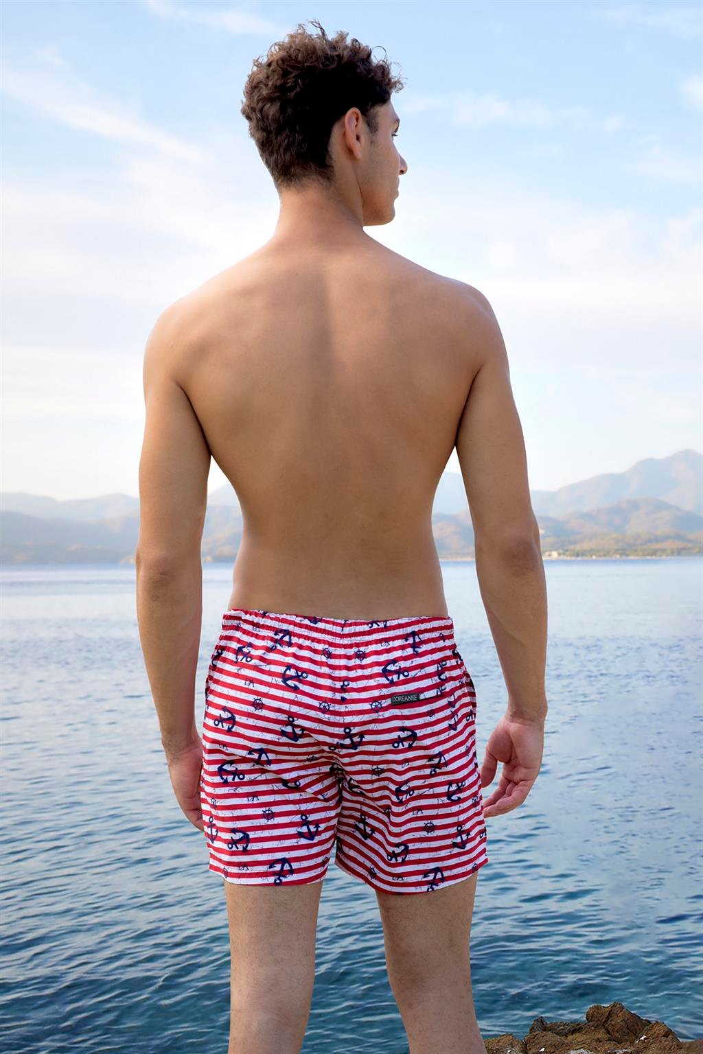 DOREANSE Erkek Kırmızı Çizgili Gemici Şort Mayo 3839