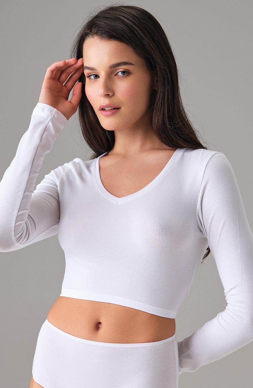 DOREANSE Kadın Basic V Yaka Uzun Kol Crop T shirt 8503