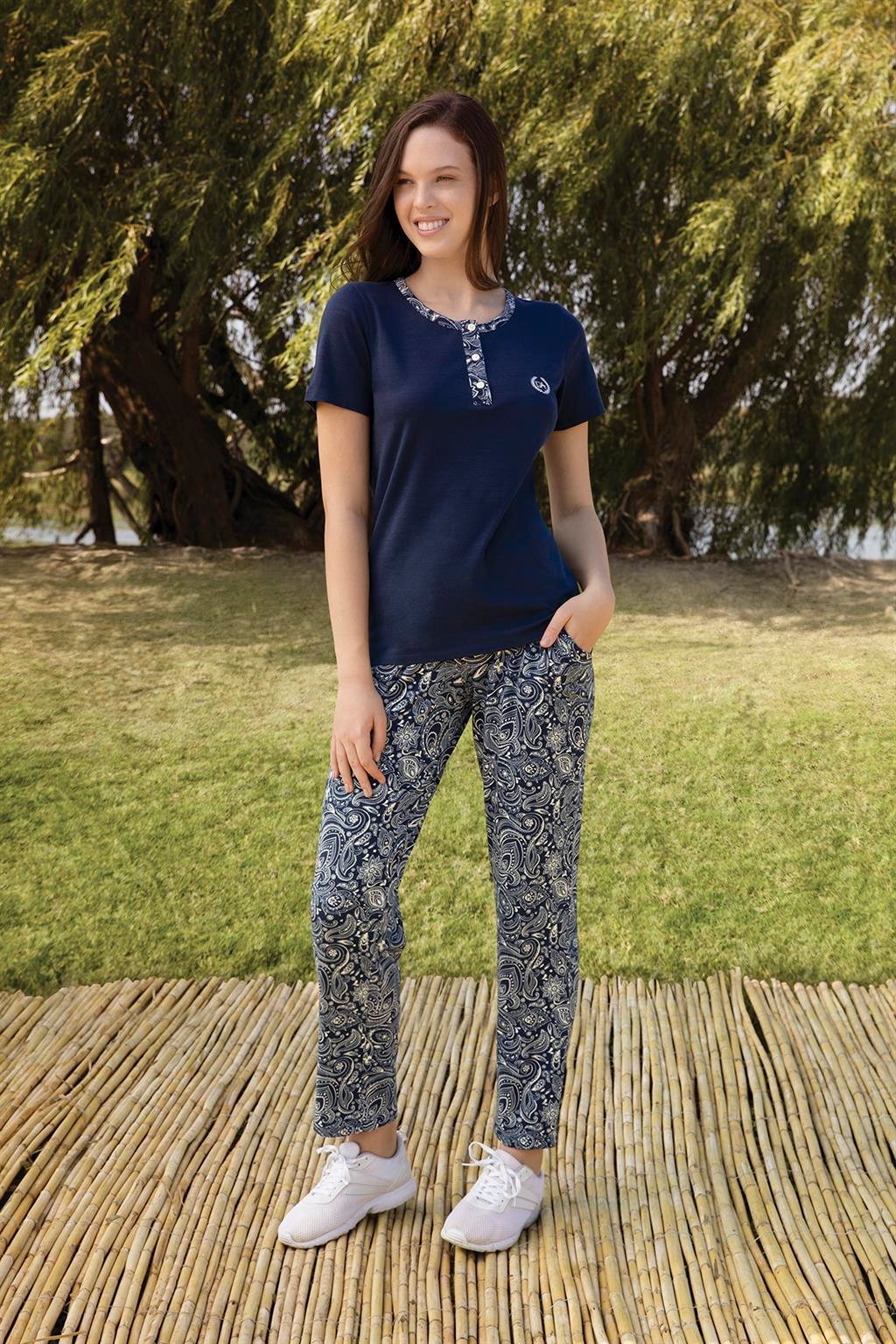 DOREANSE Kadın Lacivert Desenli T-Shirt Pijama Takımı 4213