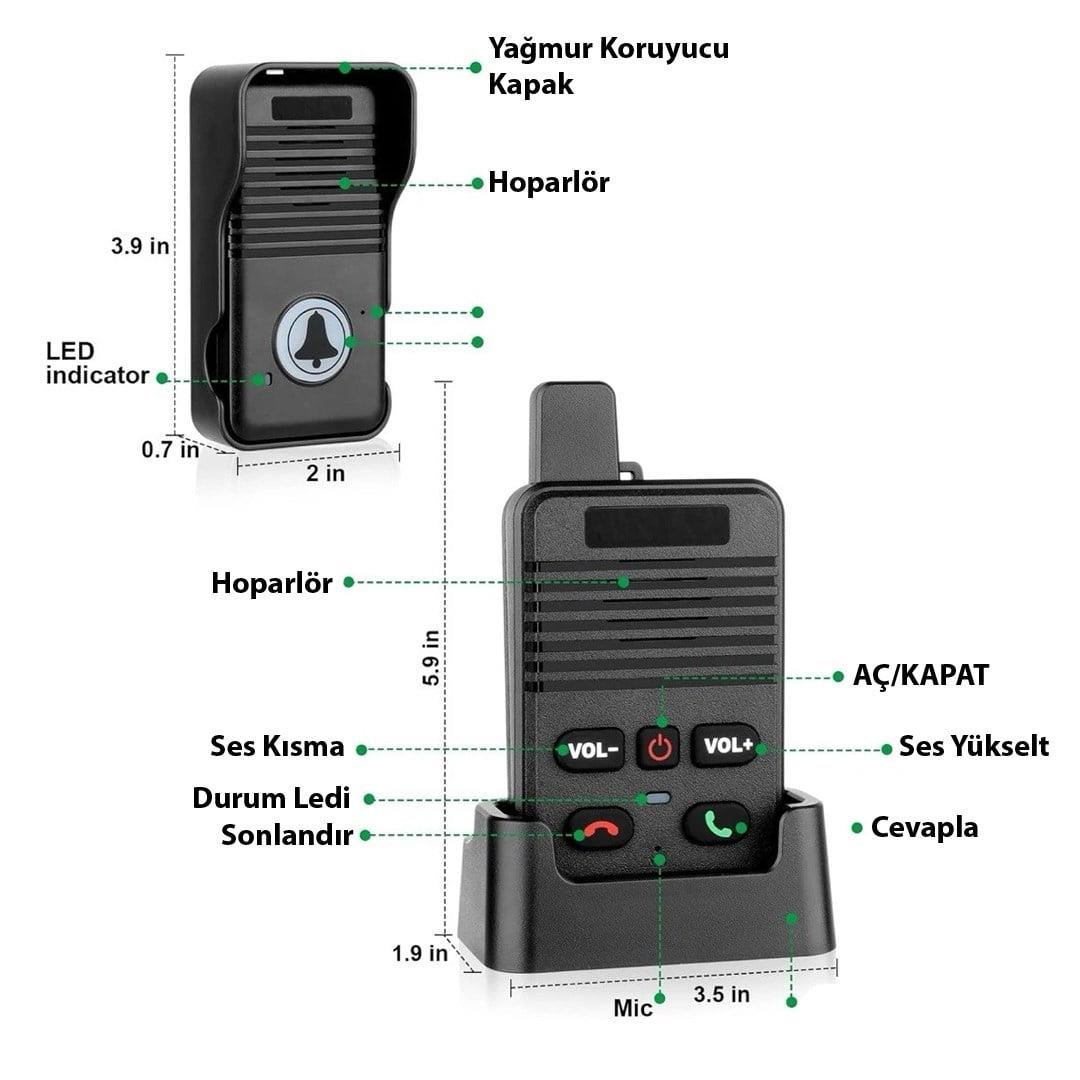 Hello D90 1000mAh Şarjlı Kapalı Devre Telsiz Kapı Zili ve İnterkom Sistemi Kesintisiz Çift Taraflı Sesli İletişim Telsiz