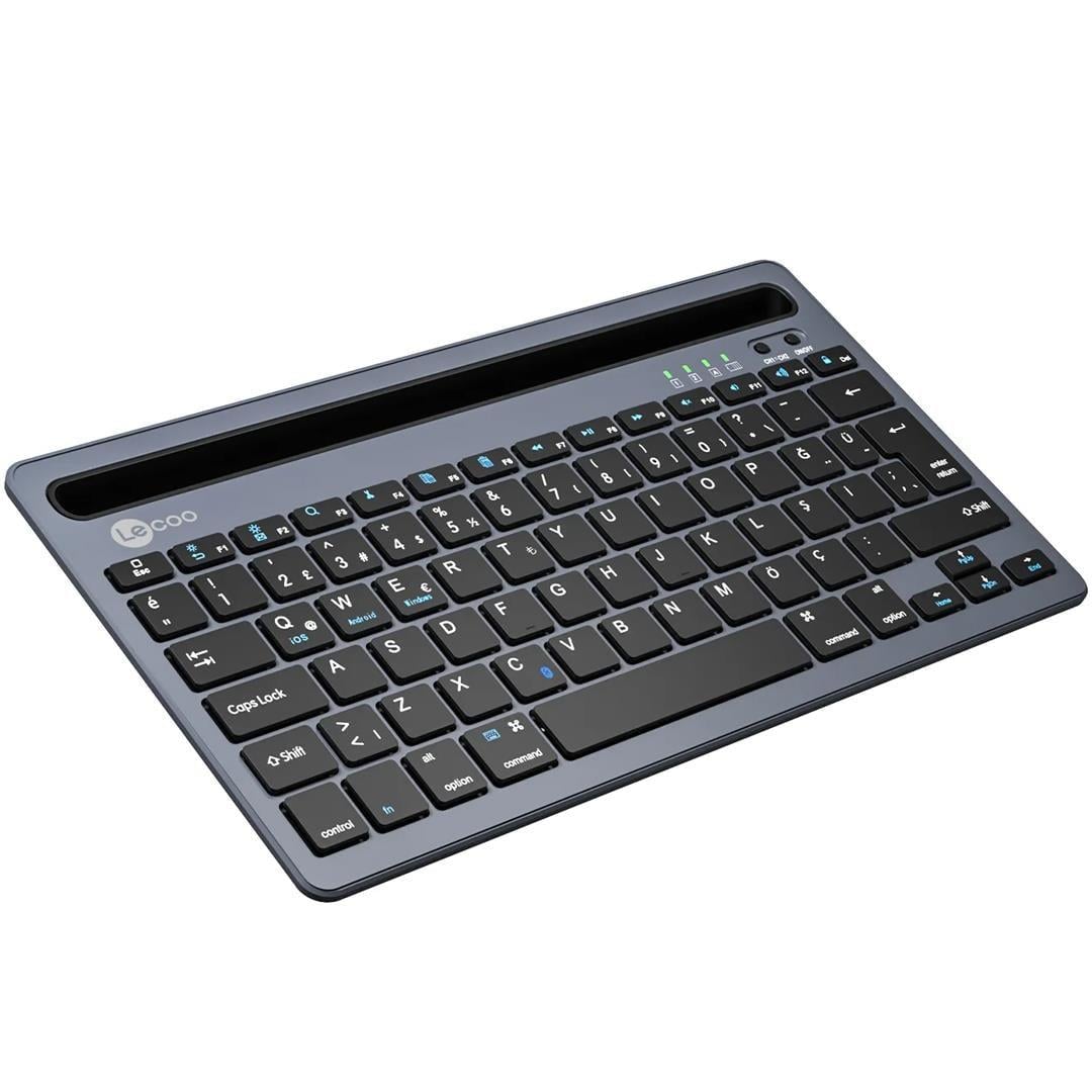 Lenovo Lecoo BK100 Bluetooth V3.0 Çoklu Cihaz Uyumlu Şarj Edilebilir Kablosuz Gri Türkçe Q Klavye