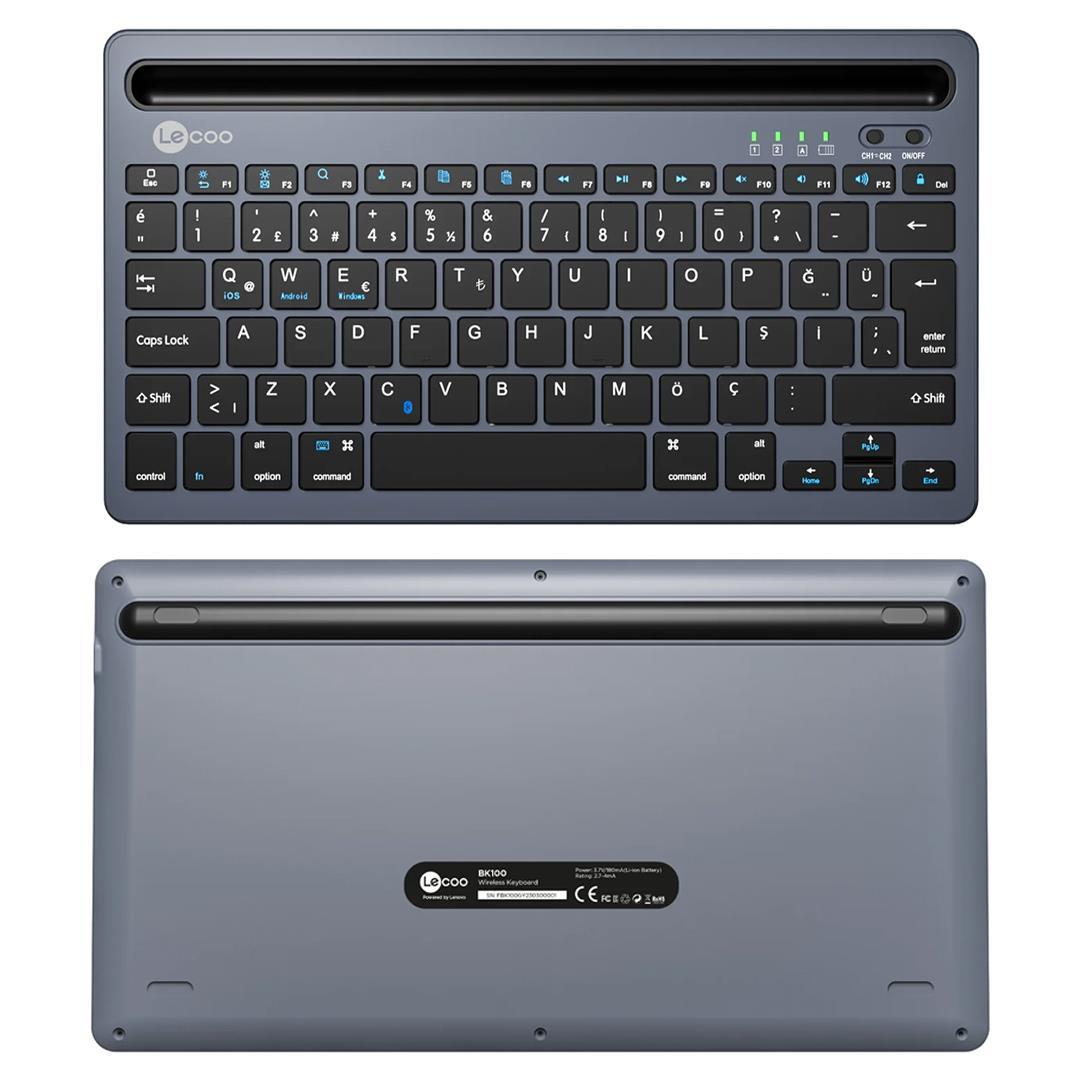 Lenovo Lecoo BK100 Bluetooth V3.0 Çoklu Cihaz Uyumlu Şarj Edilebilir Kablosuz Gri Türkçe Q Klavye